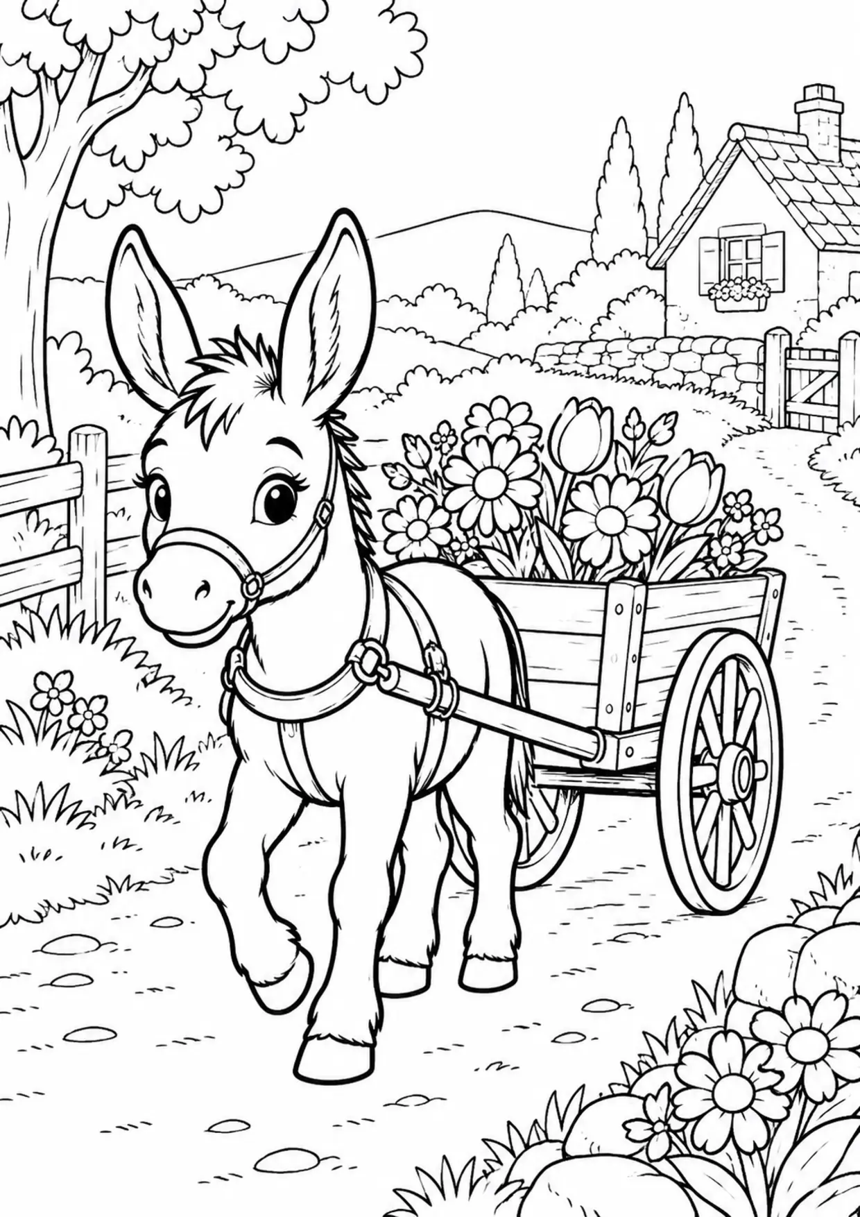 Coloriage âne : charrette fleurs à imprimer montrant charrette fleurs, dessin noir et blanc