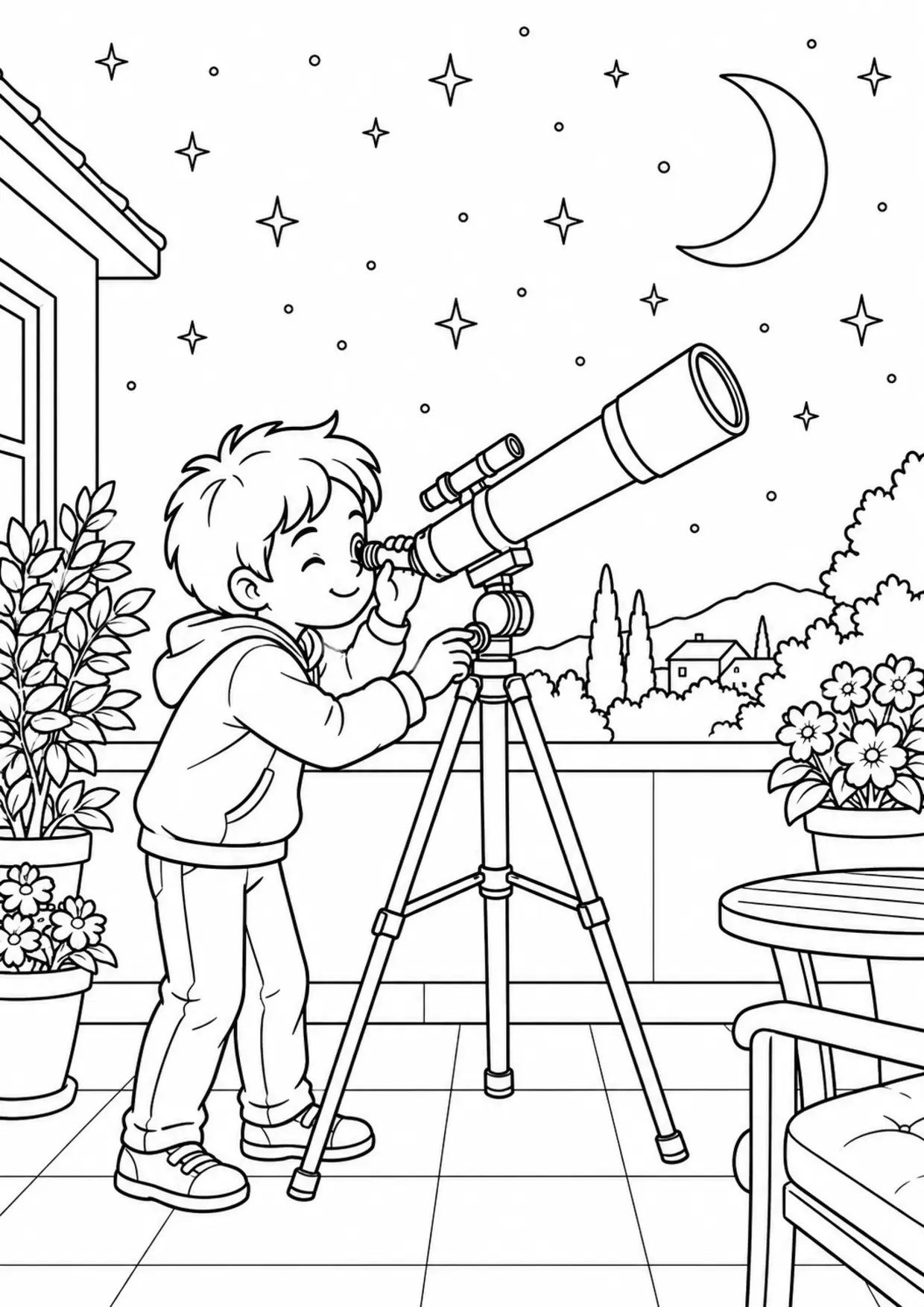Coloriage astronomie : enfant observant les étoiles avec une lunette à imprimer