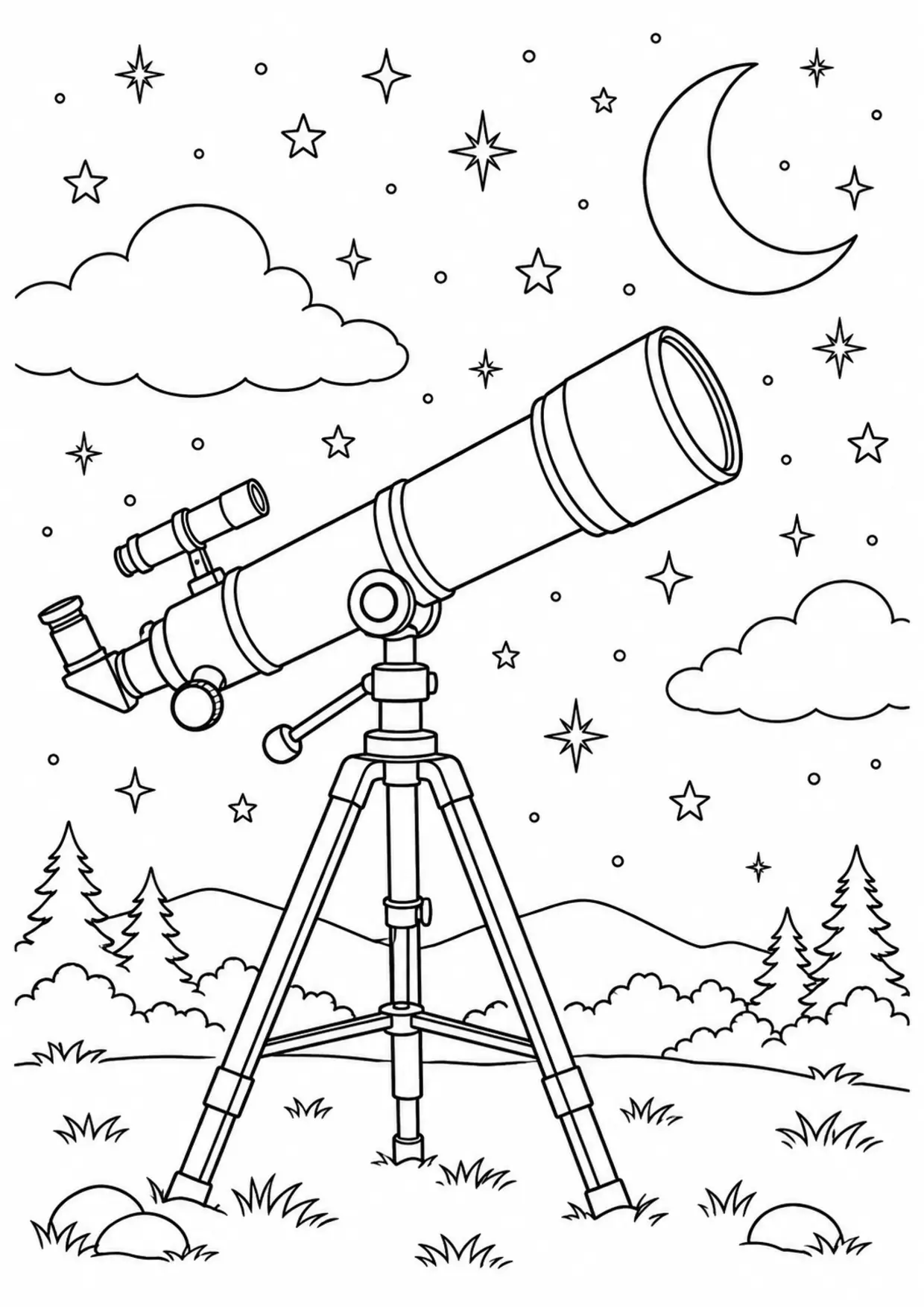 Coloriage astronomie : télescope pointé vers la Lune depuis un jardin à imprimer