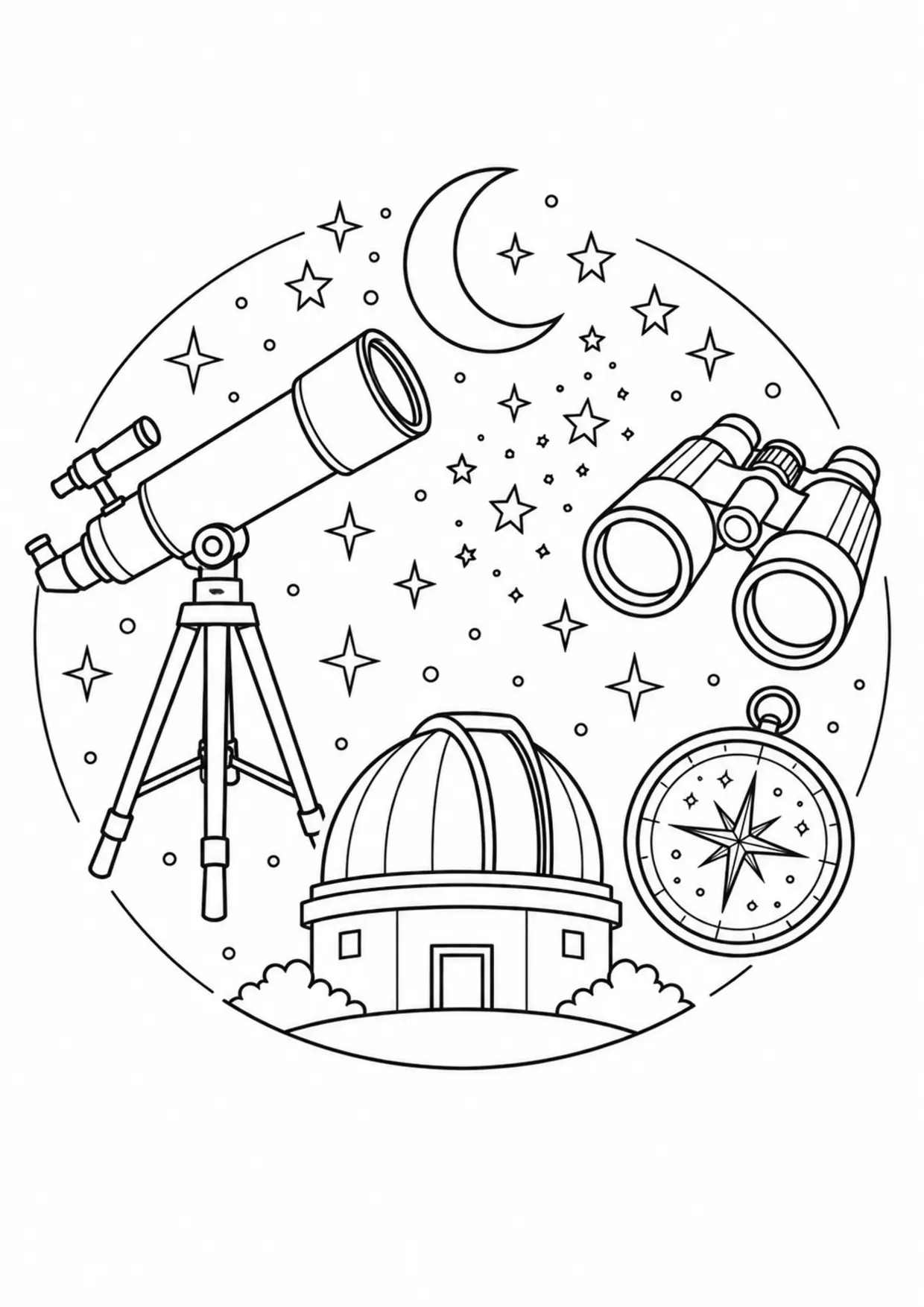 Coloriage astronomie : phases de la Lune autour d’un ciel nocturne à imprimer