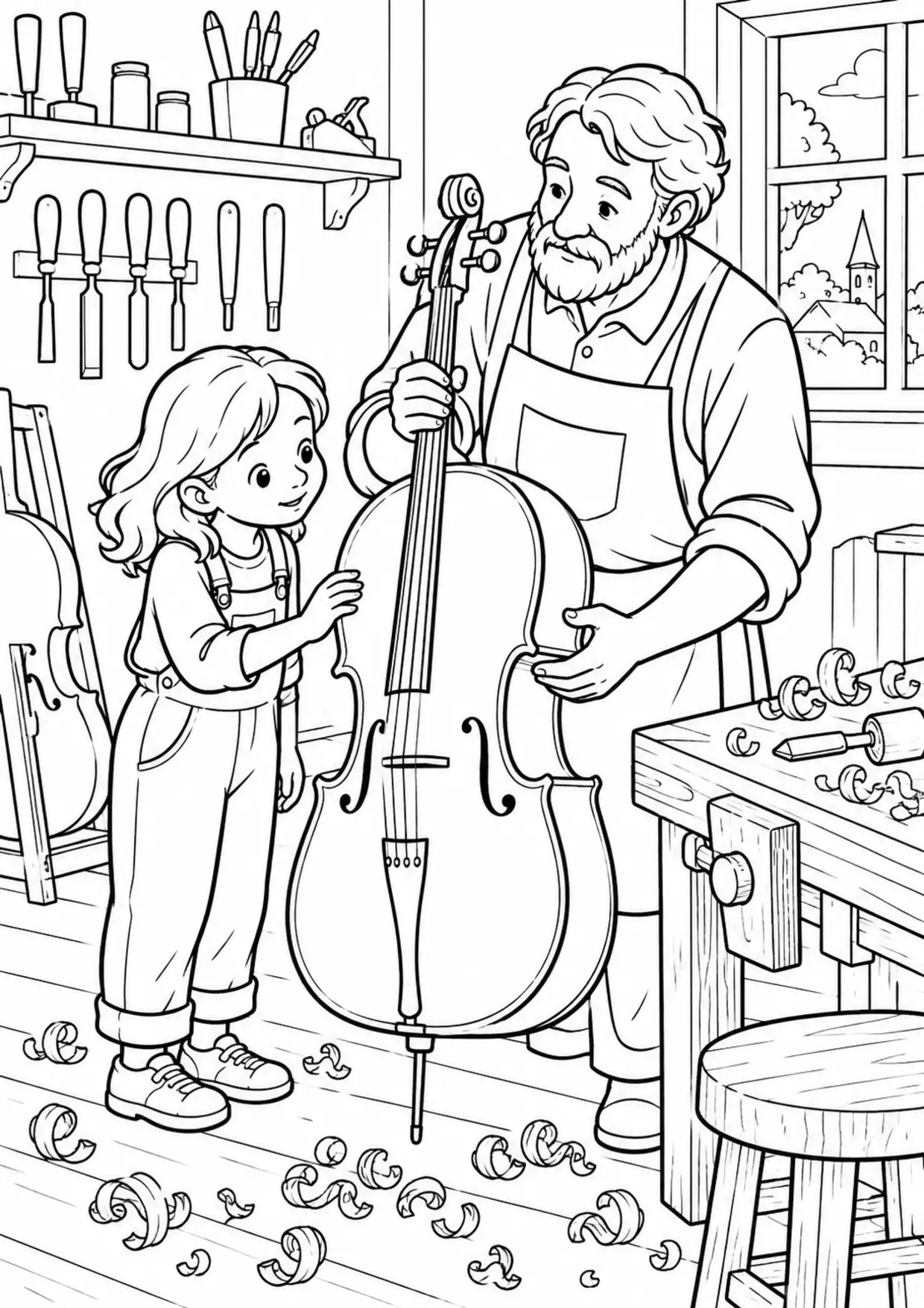 Coloriage violoncelle : atelier enfant à imprimer montrant atelier enfant, dessin noir et blanc