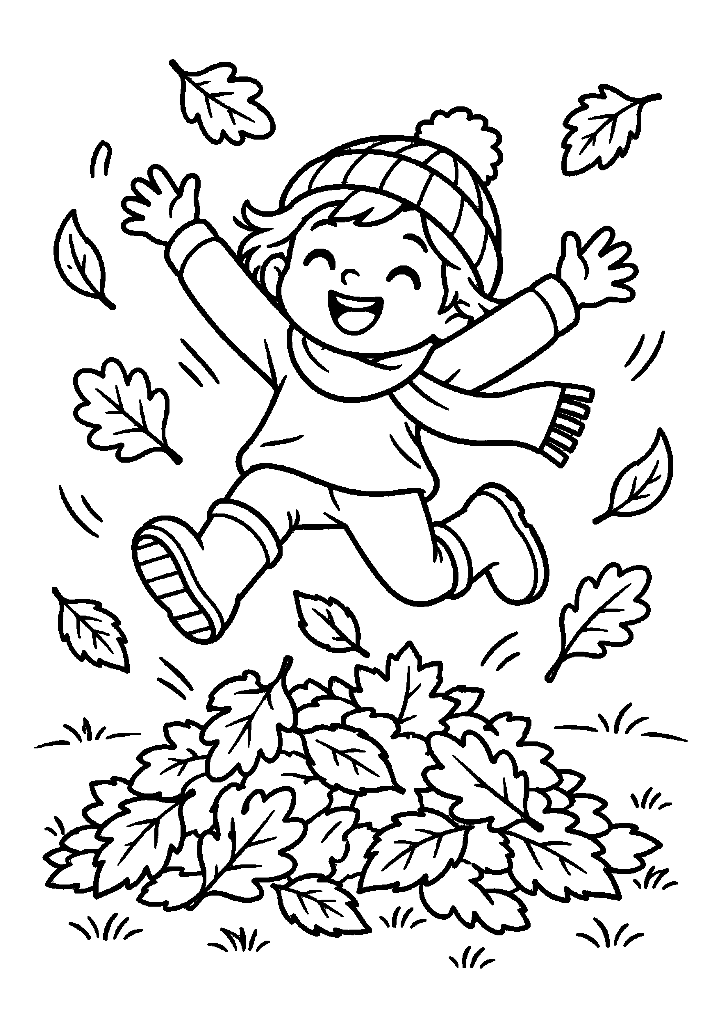 Enfant joyeux sautant au-dessus d'un tas de feuilles d'automne