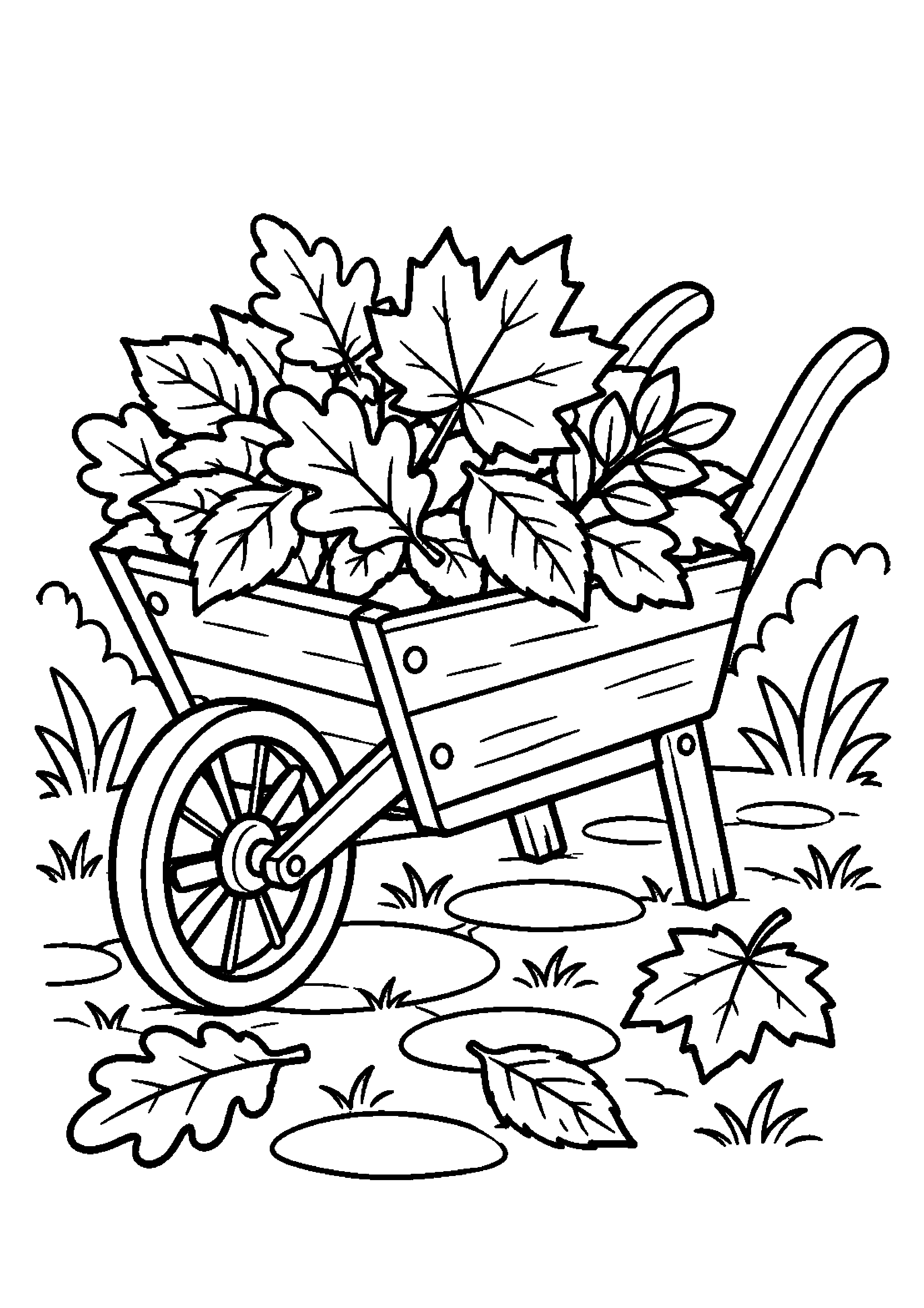 Brouette en bois remplie de feuilles d'automne