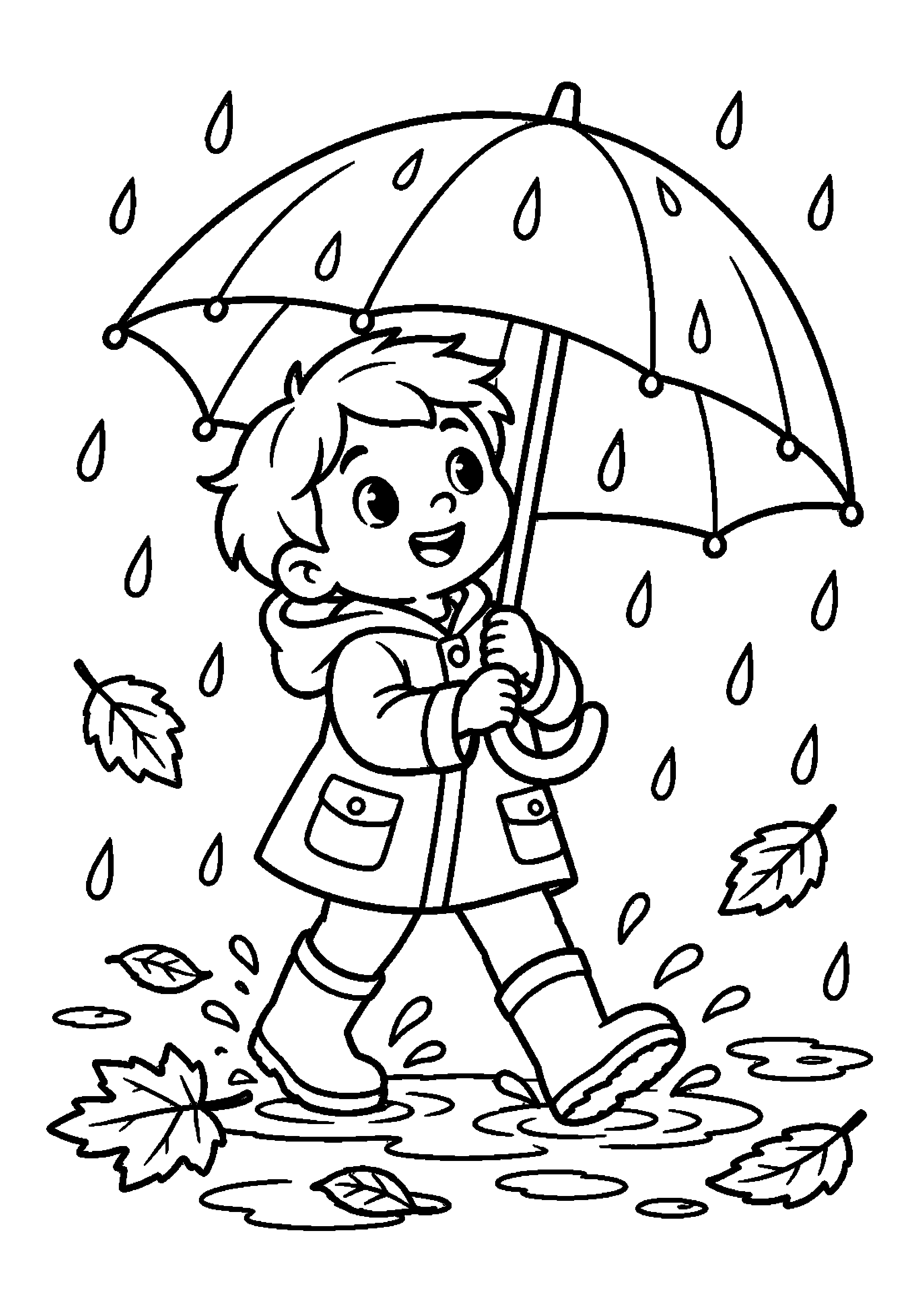 Enfant avec parapluie marchant dans les flaques sous la pluie