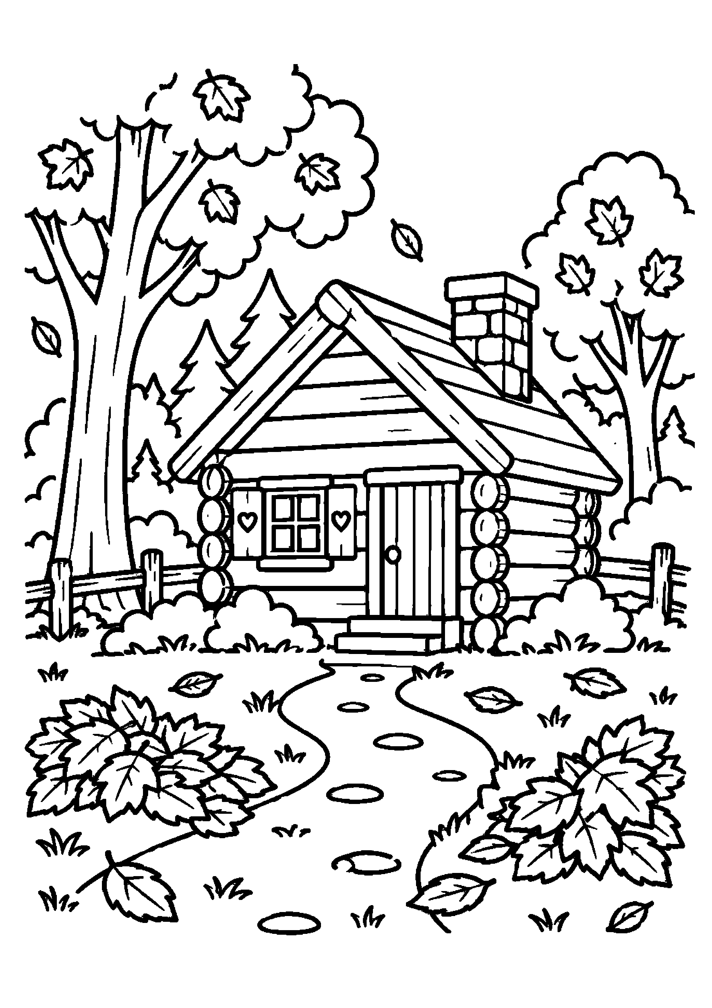 Petite cabane en rondins entourée d'arbres et de feuilles d'automne