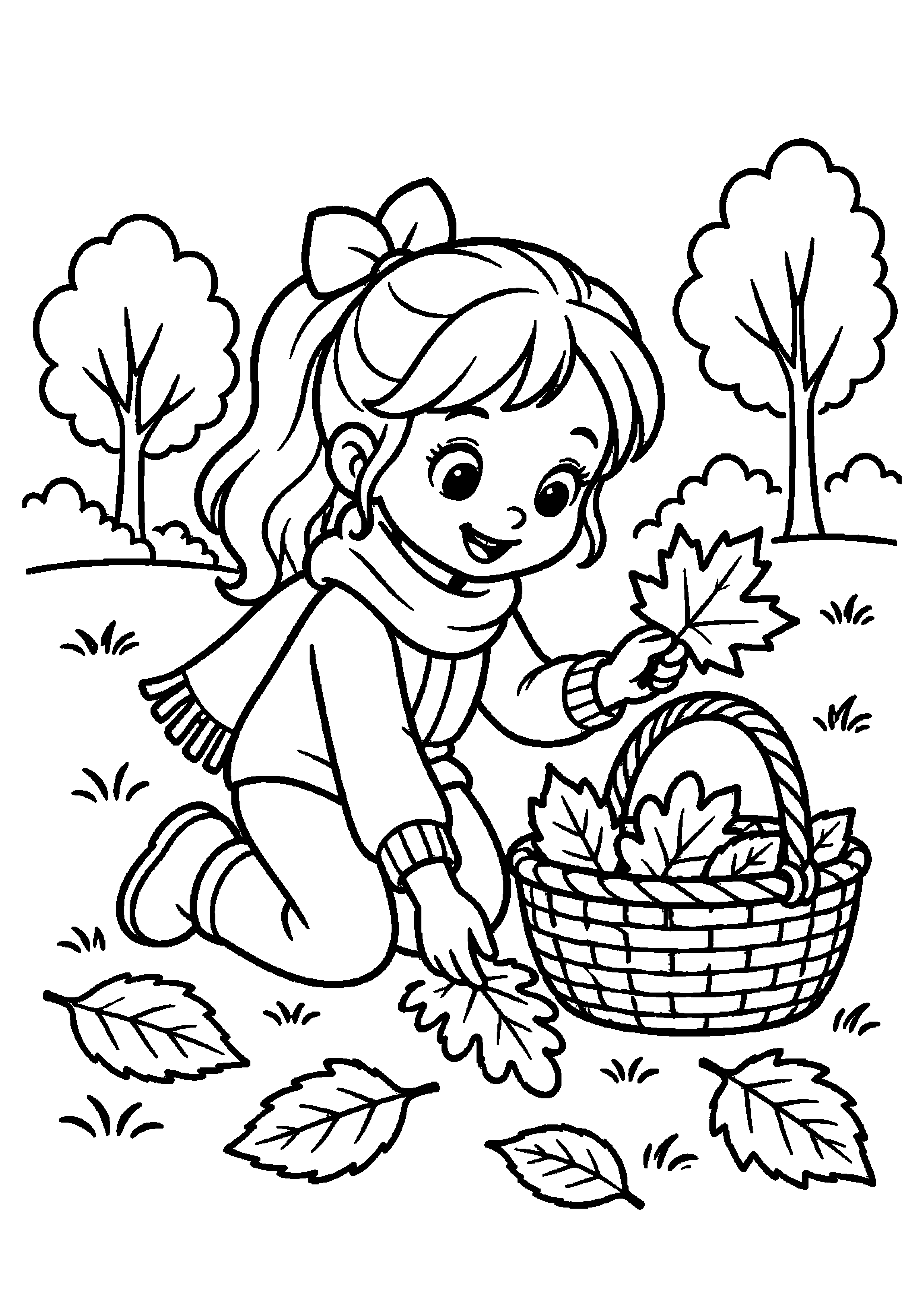 Enfant agenouillé ramassant des feuilles dans un panier