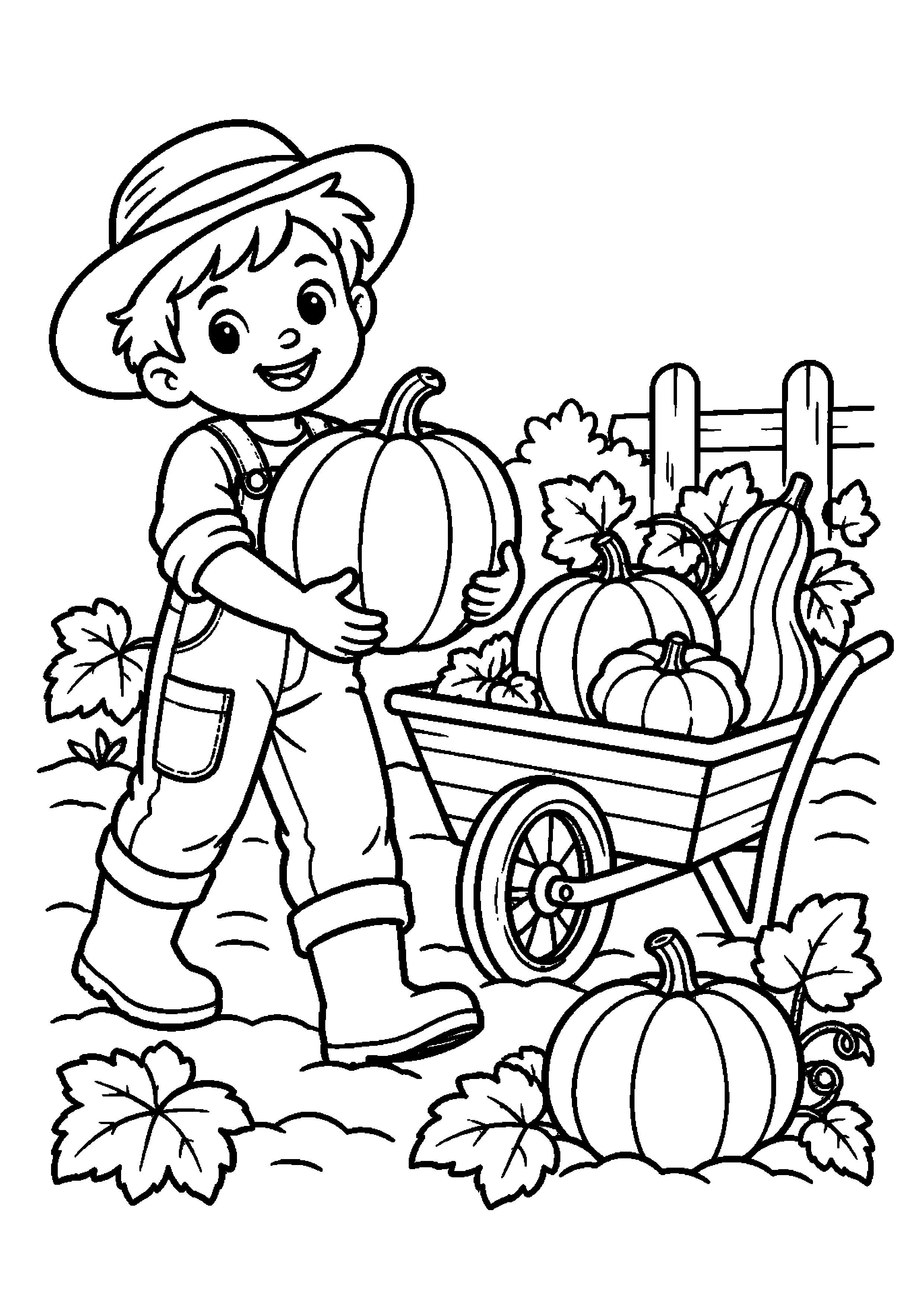 Enfant portant un potiron près d'une brouette remplie de courges