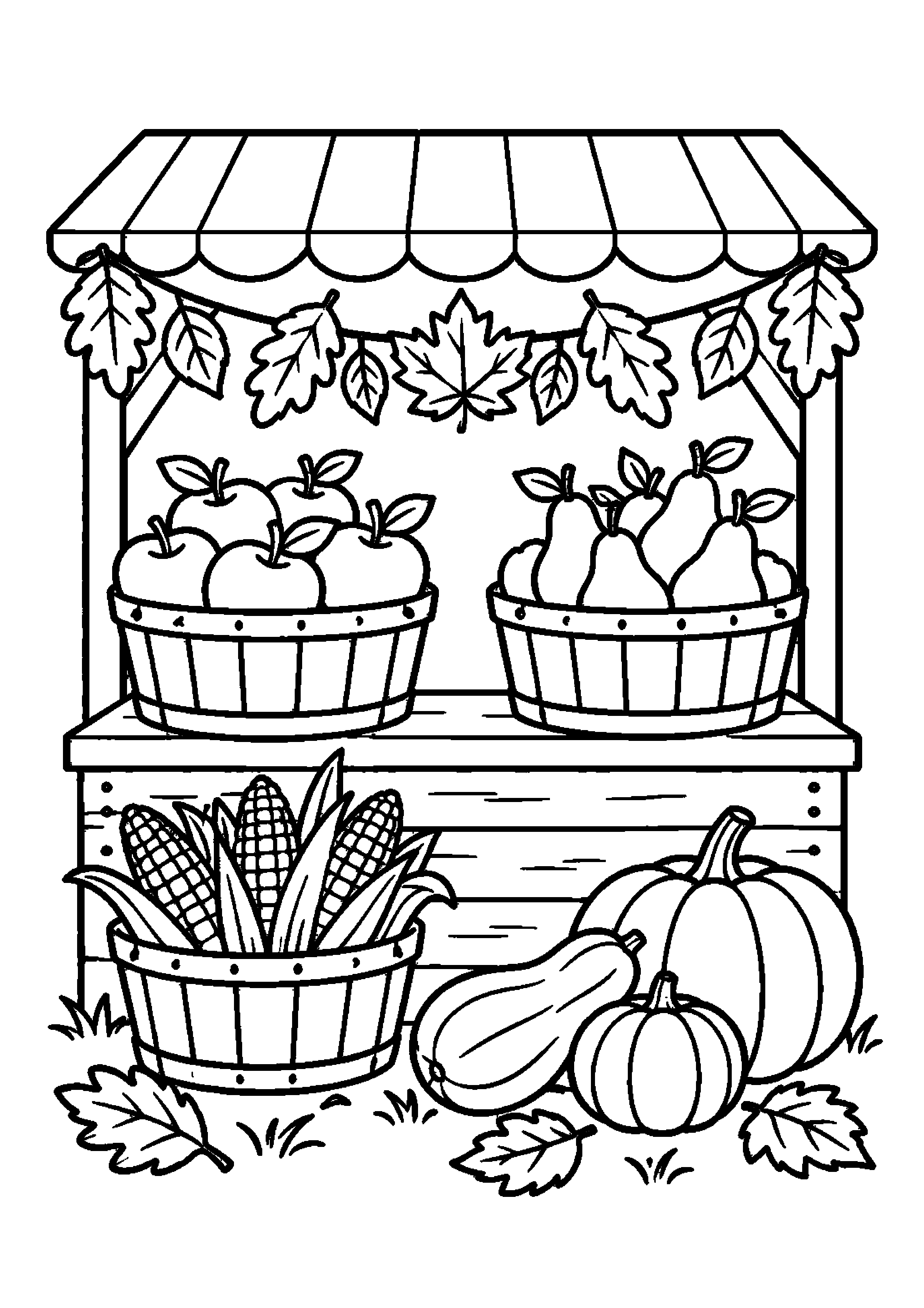 Étal de marché avec paniers de pommes, poires, maïs et courges