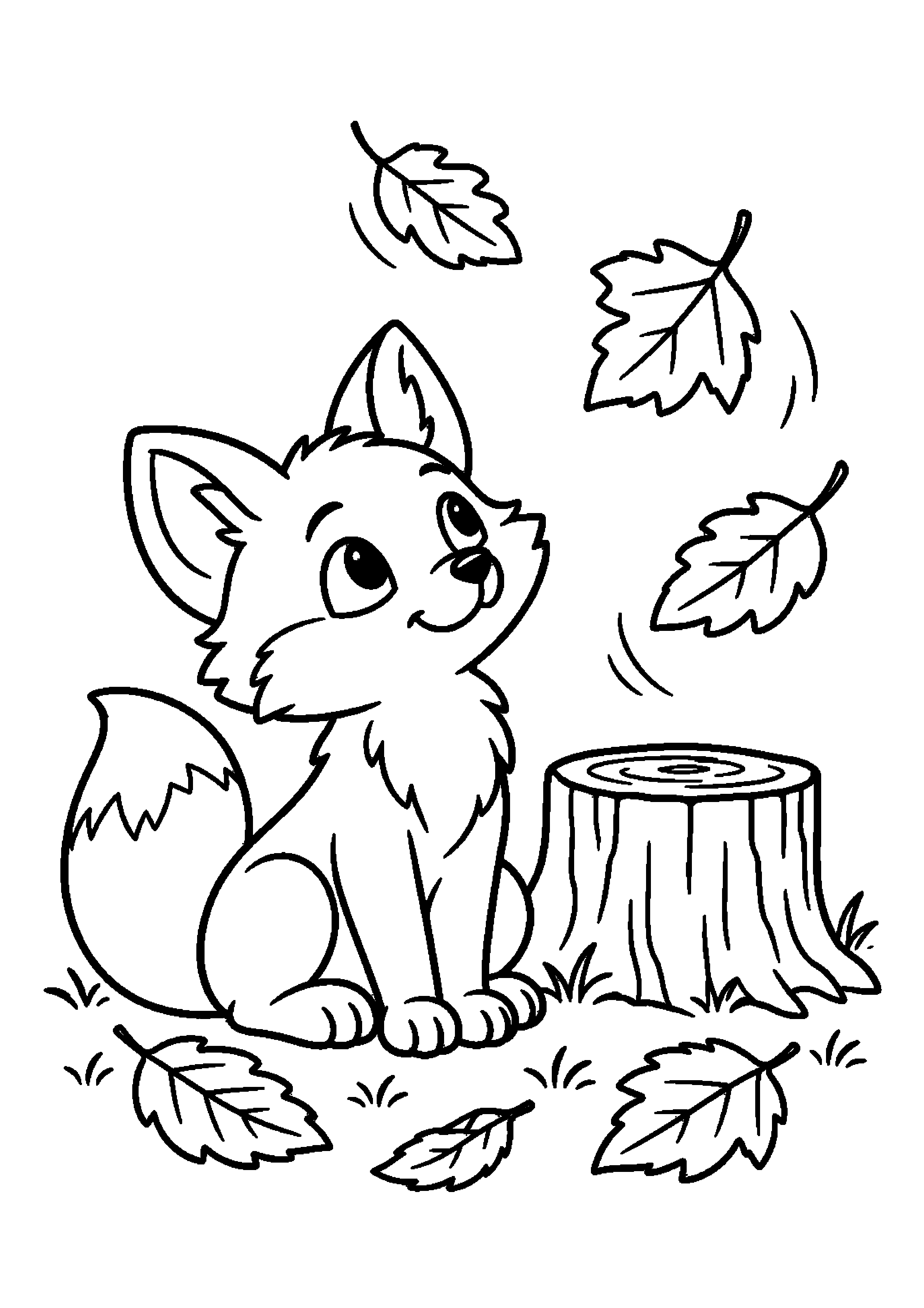 Petit renard assis près d'une souche sous les feuilles qui tombent