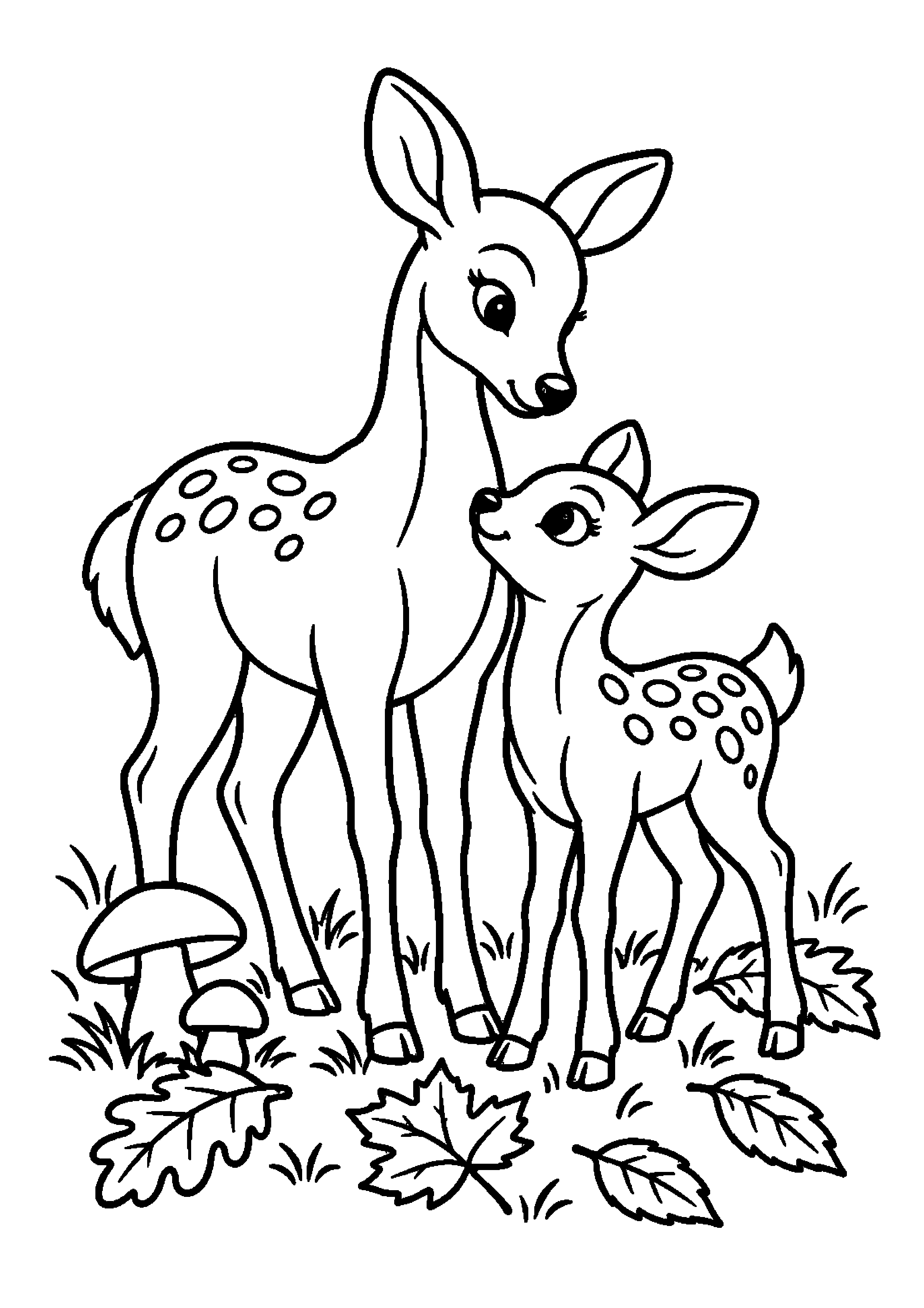 Biche et faon dans une clairière d'automne avec champignons