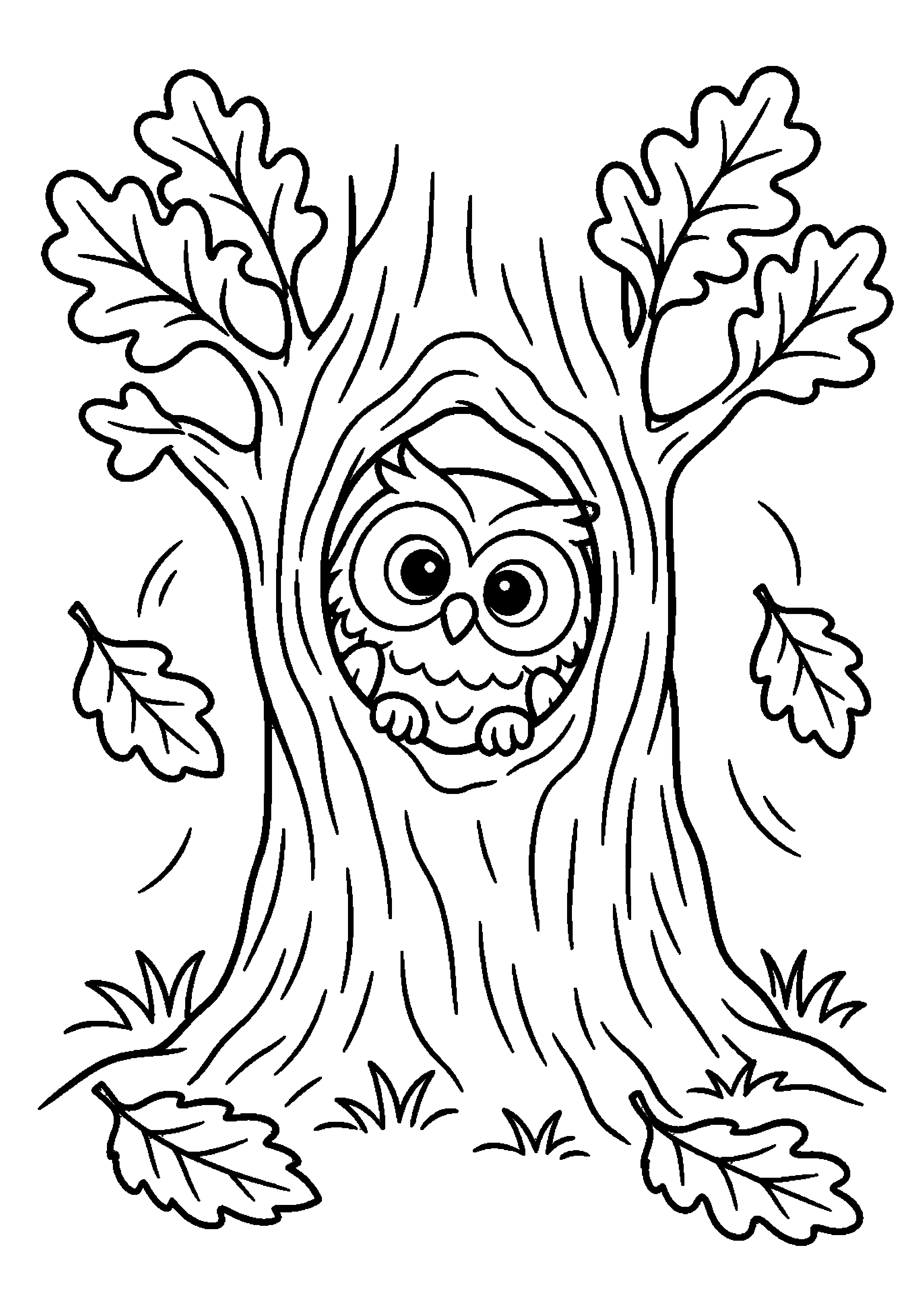Hibou regardant depuis le creux d'un grand arbre d'automne