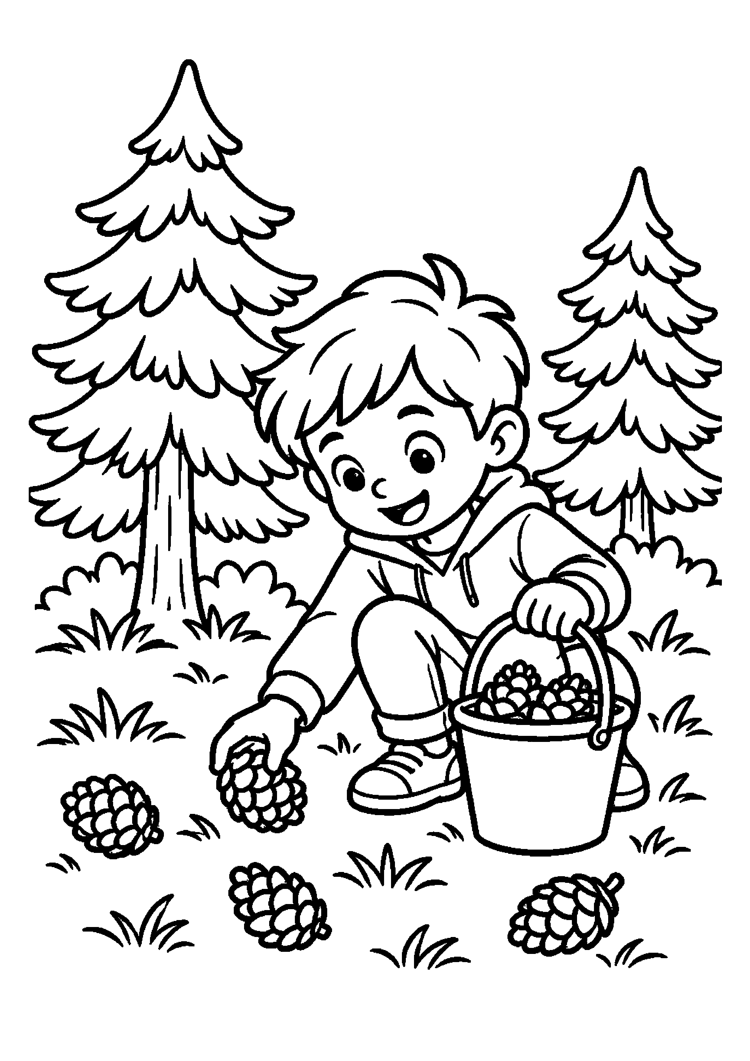 Enfant récoltant des pommes de pin sous des conifères
