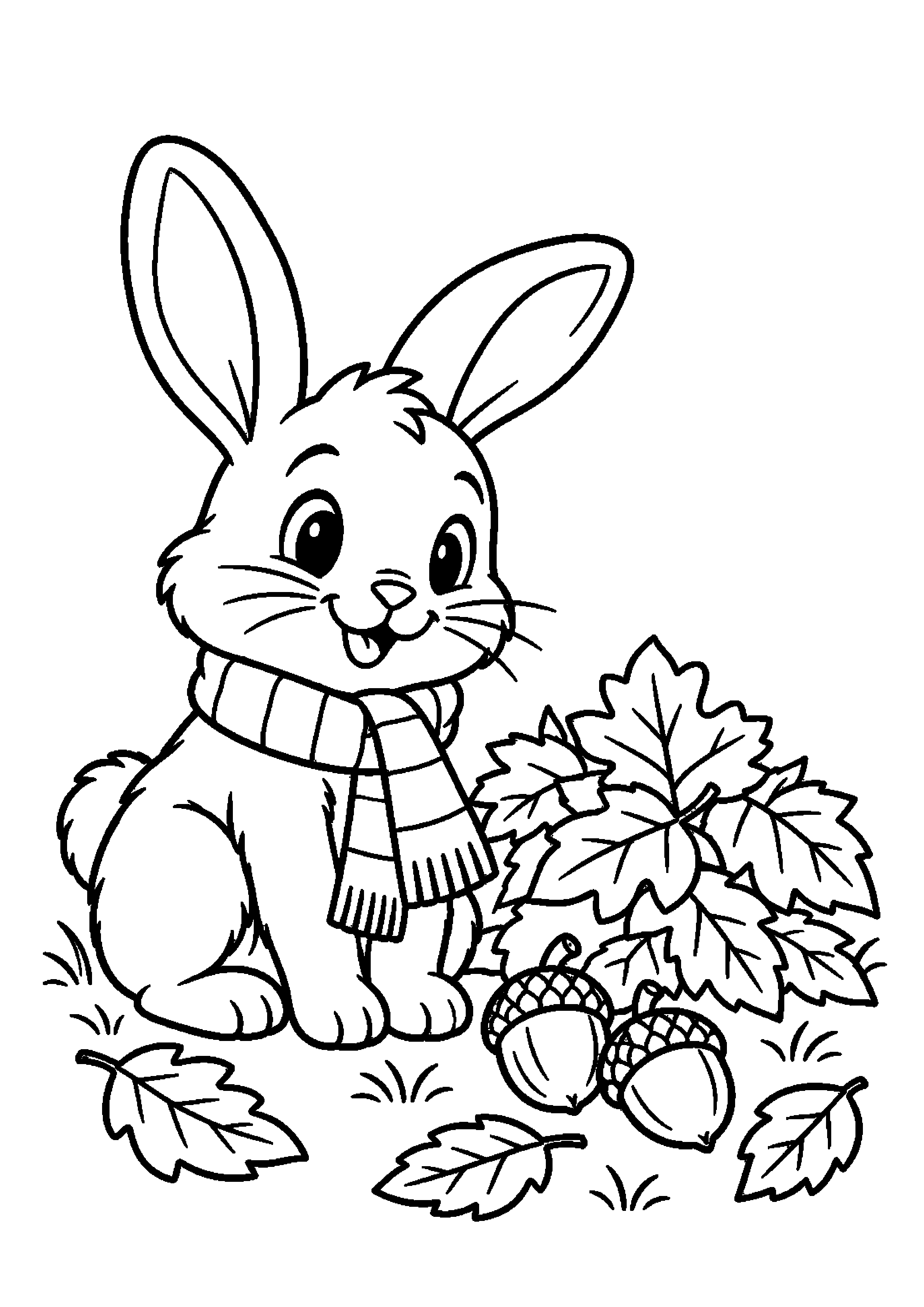 Petit lapin avec une écharpe près d'un tas de feuilles