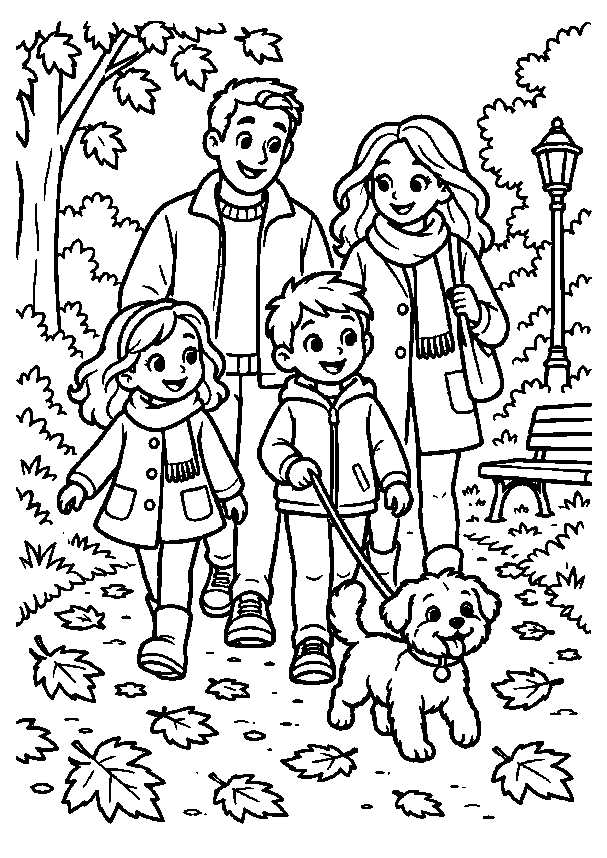 Famille promenant son chien sur un chemin couvert de feuilles
