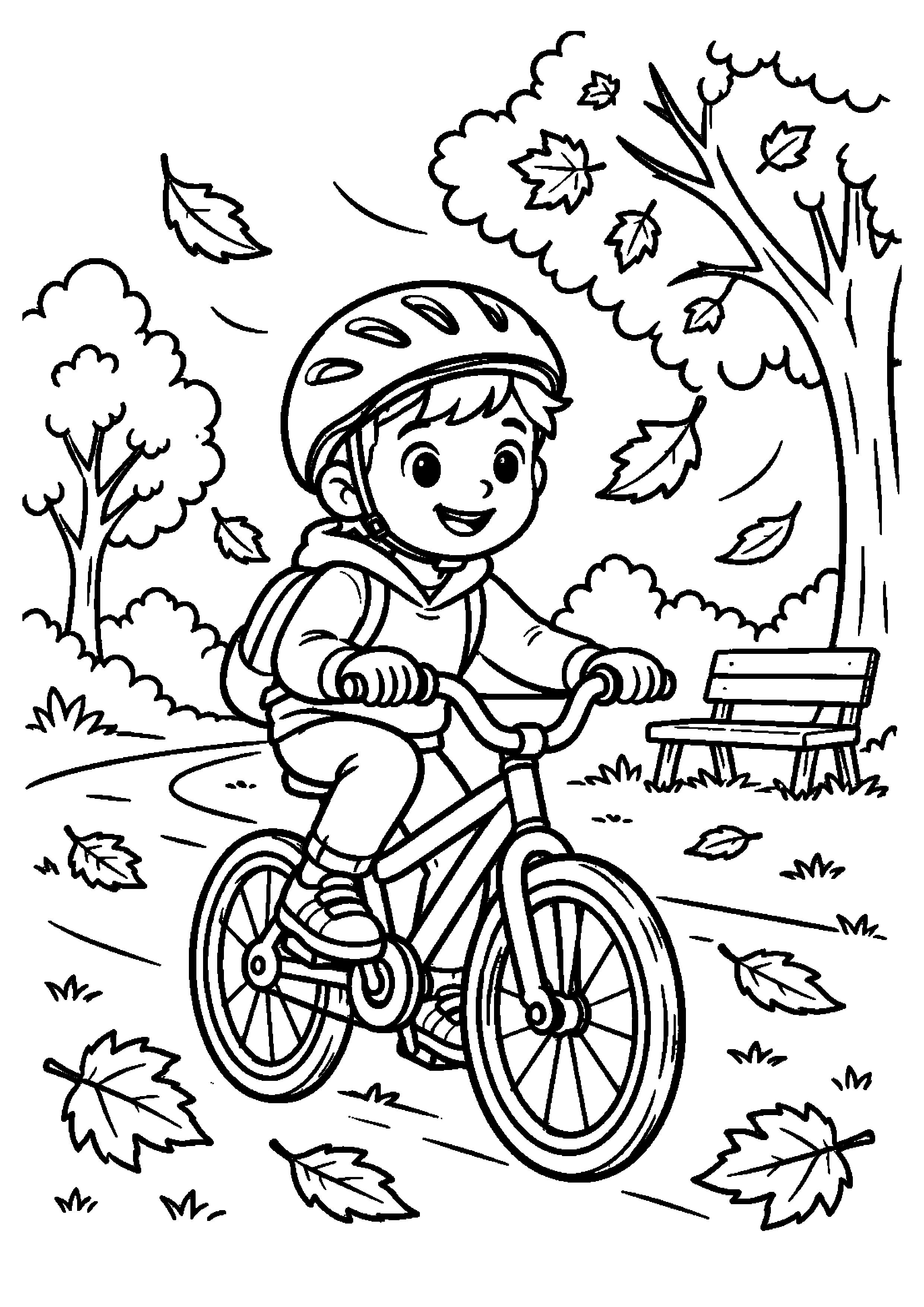 Enfant roulant à vélo dans un parc avec des feuilles au vent