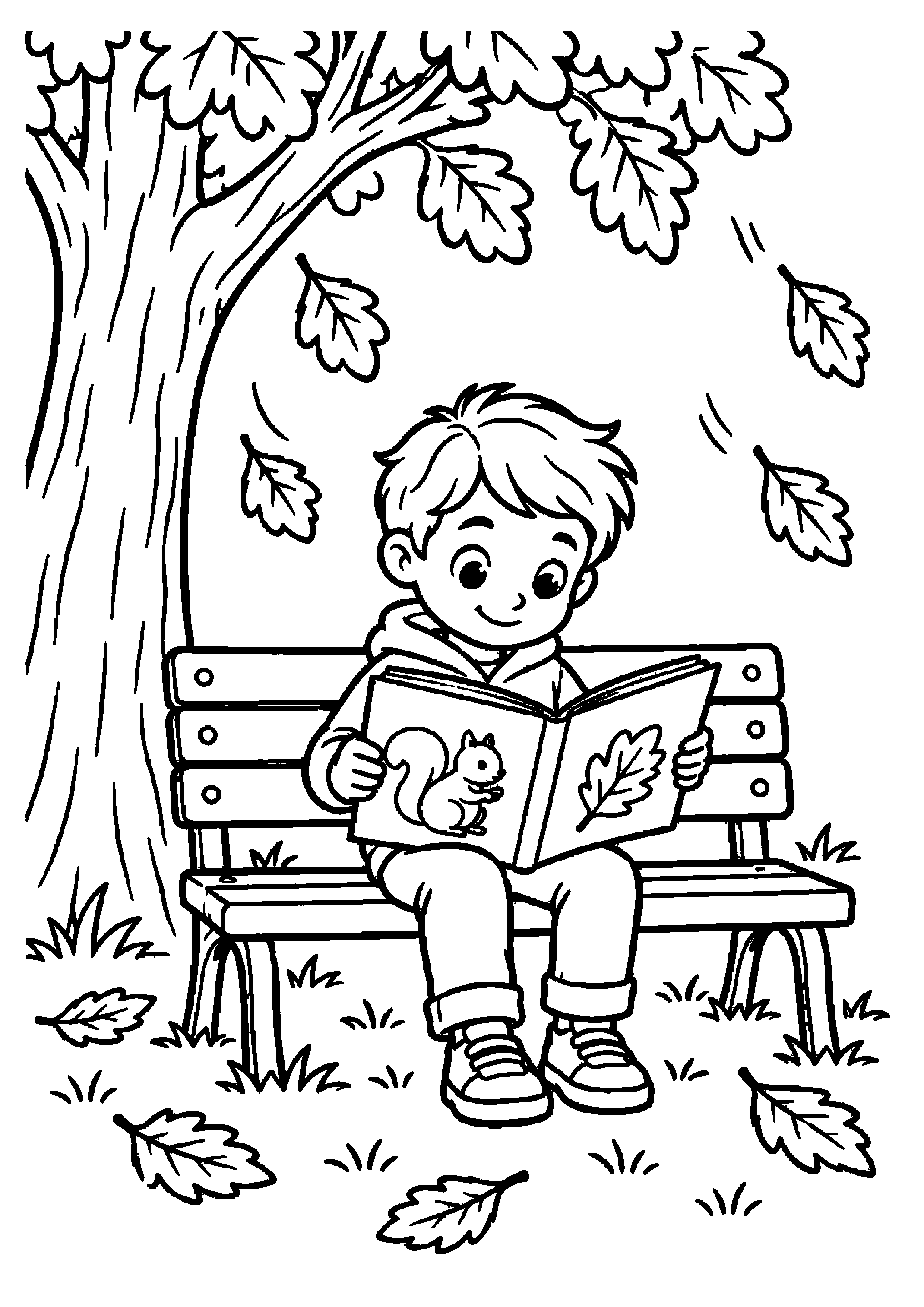 Enfant lisant un livre sur un banc sous un arbre d'automne