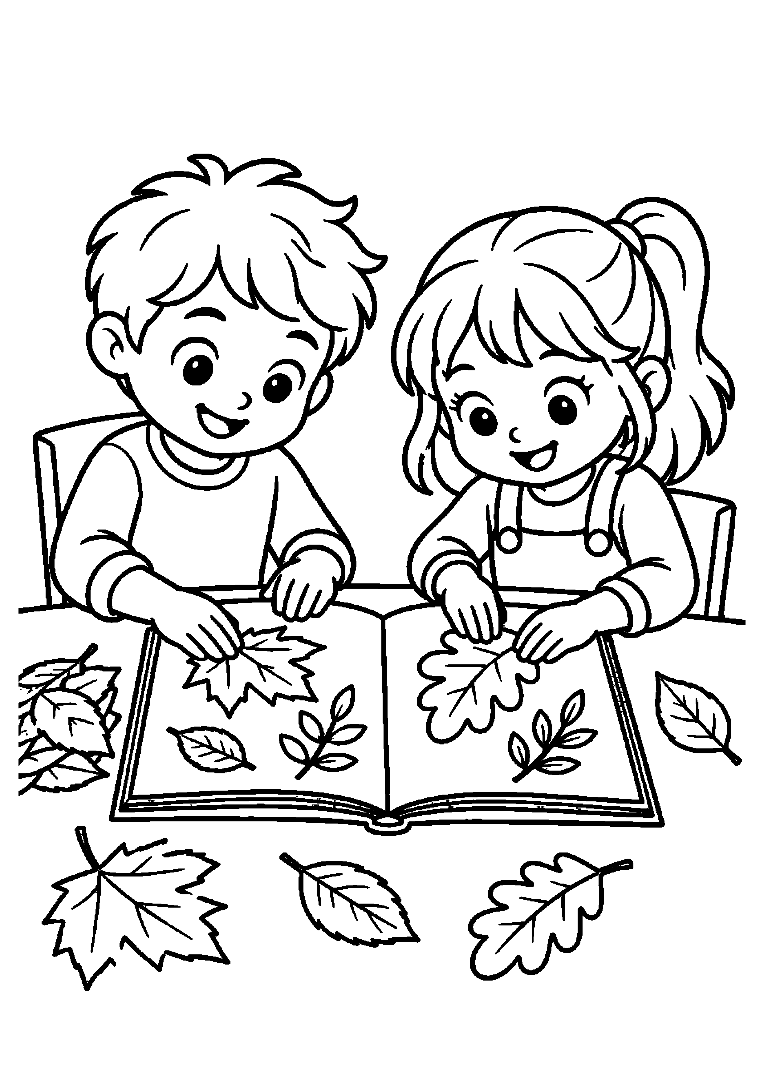 Enfants disposant des feuilles dans un carnet d'herbier