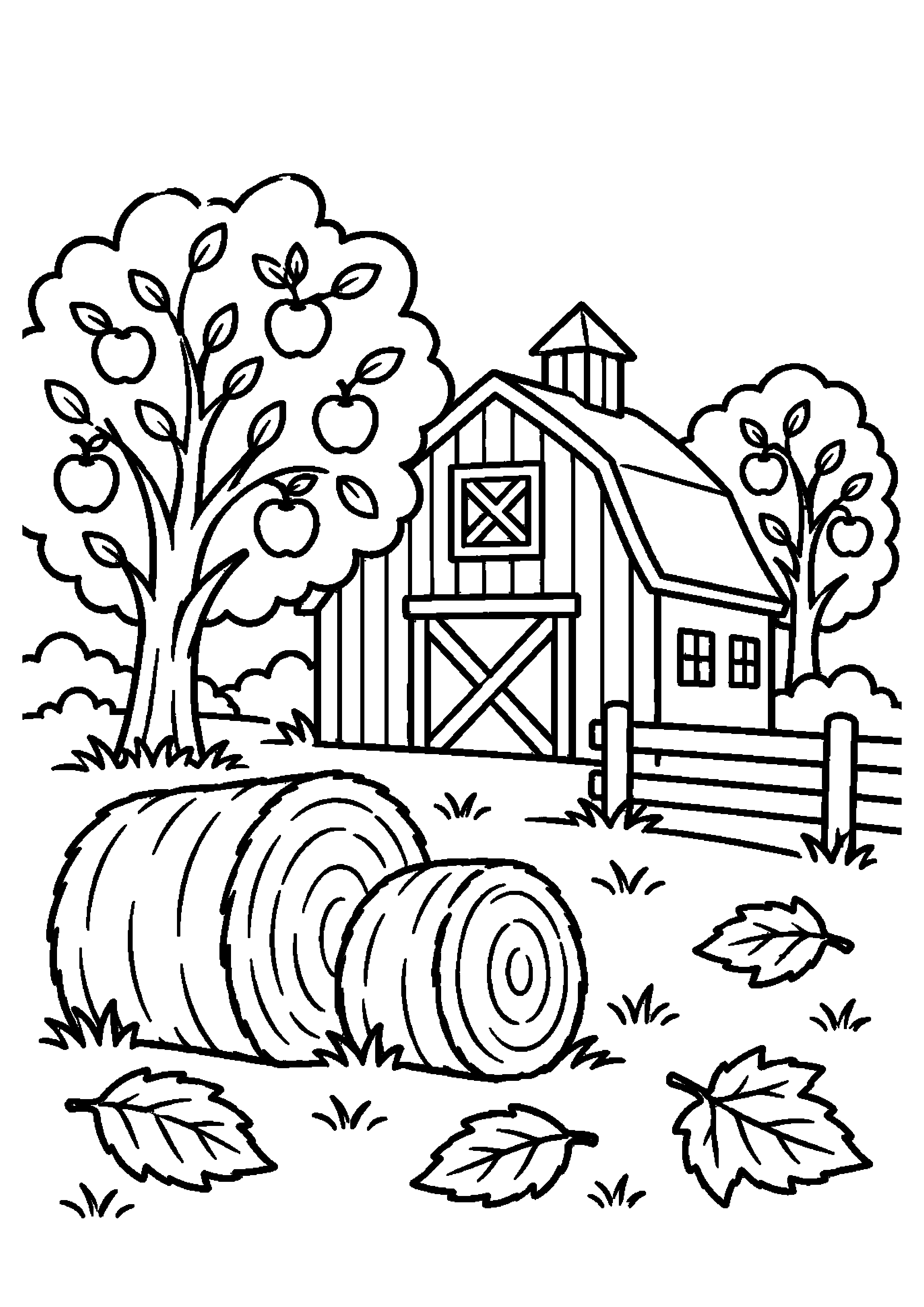 Grange entourée de bottes de foin et de pommiers