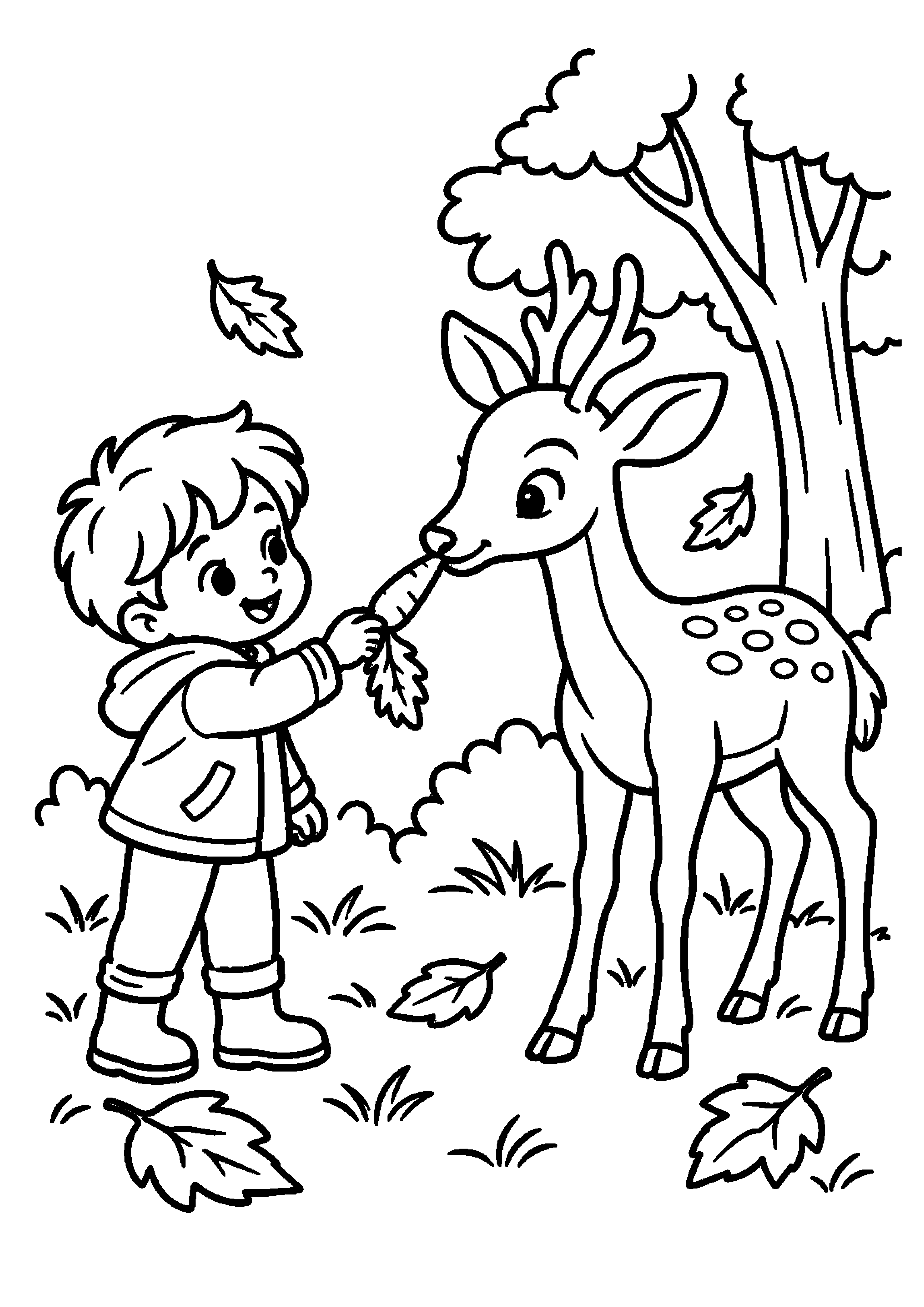 Enfant tendant une carotte à un cerf au bord de la forêt