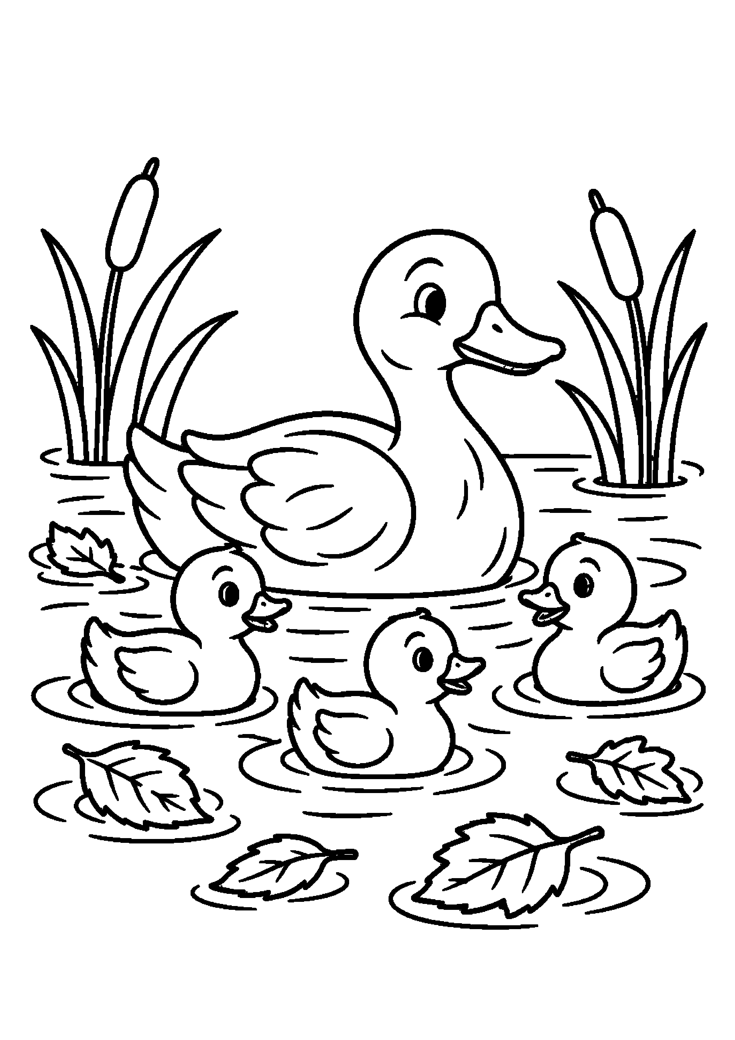 Famille de canards nageant sur un étang avec des feuilles