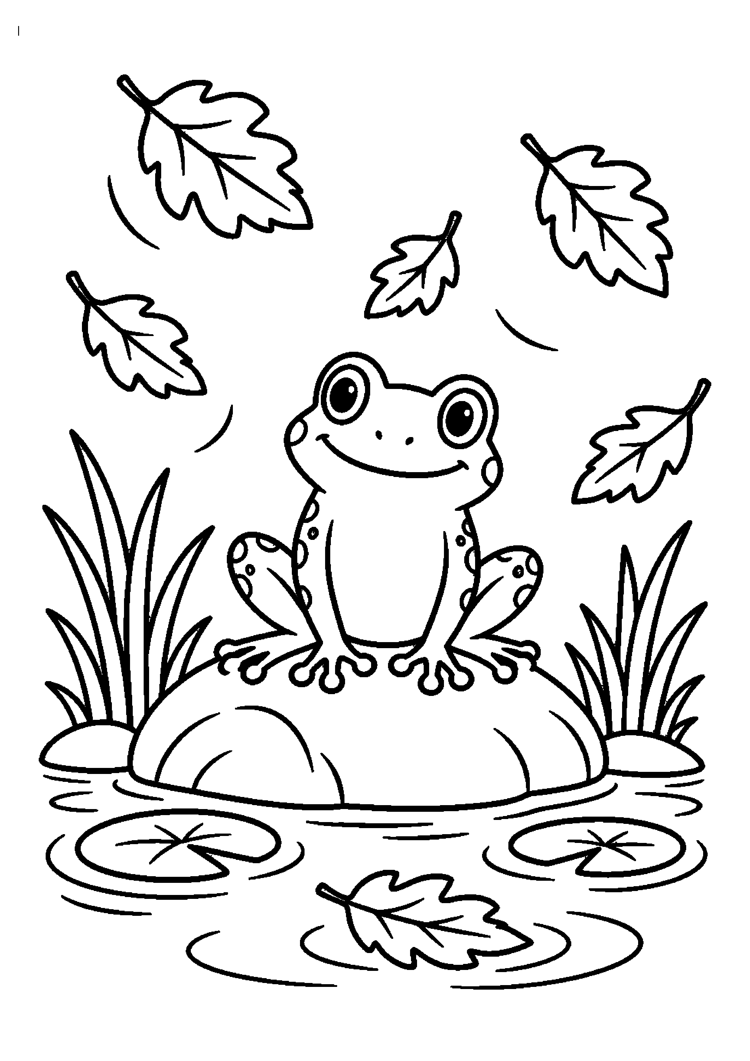 Grenouille assise sur une pierre près d'un étang d'automne
