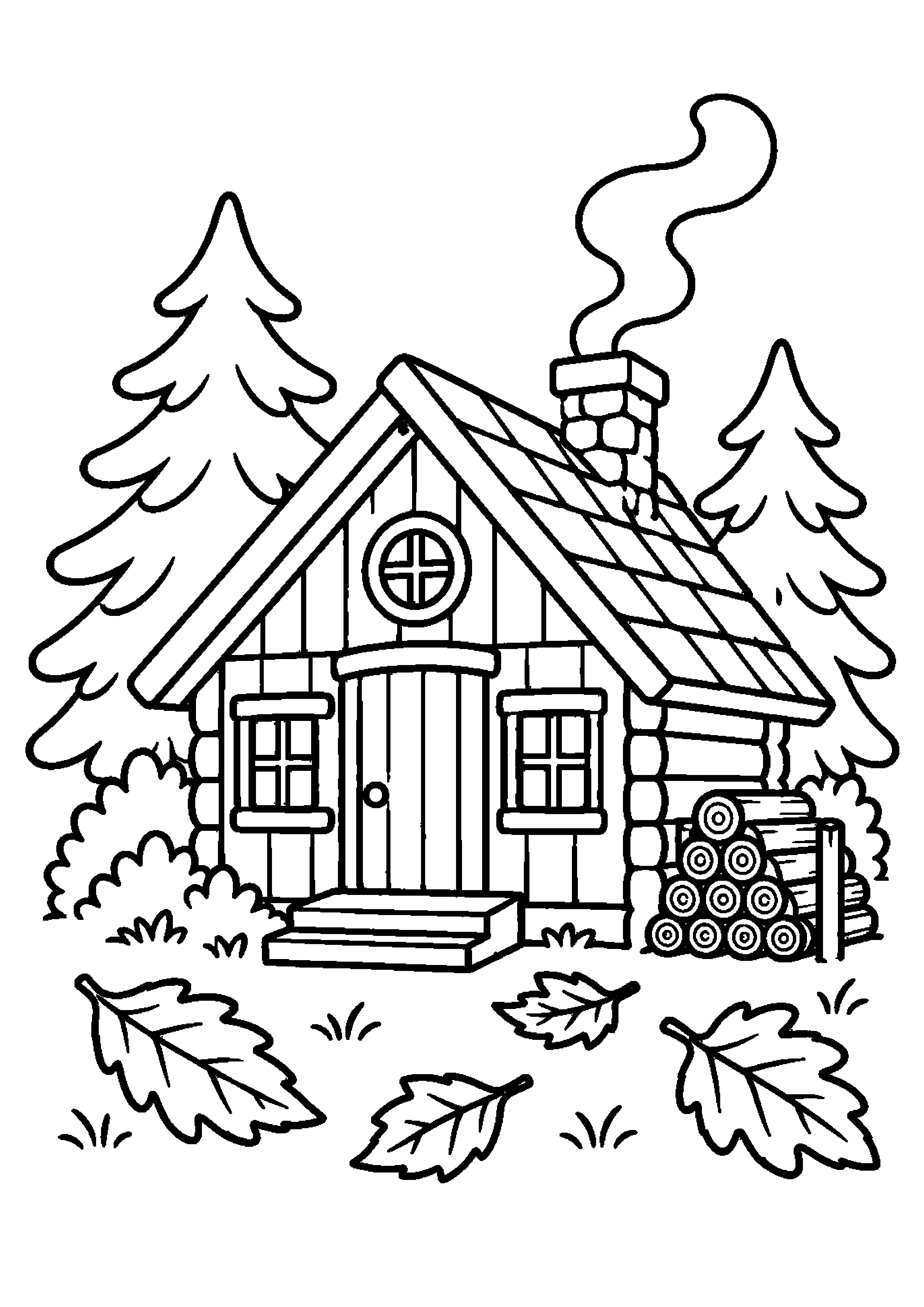 Cabane forestière avec bûches empilées et feuilles au sol