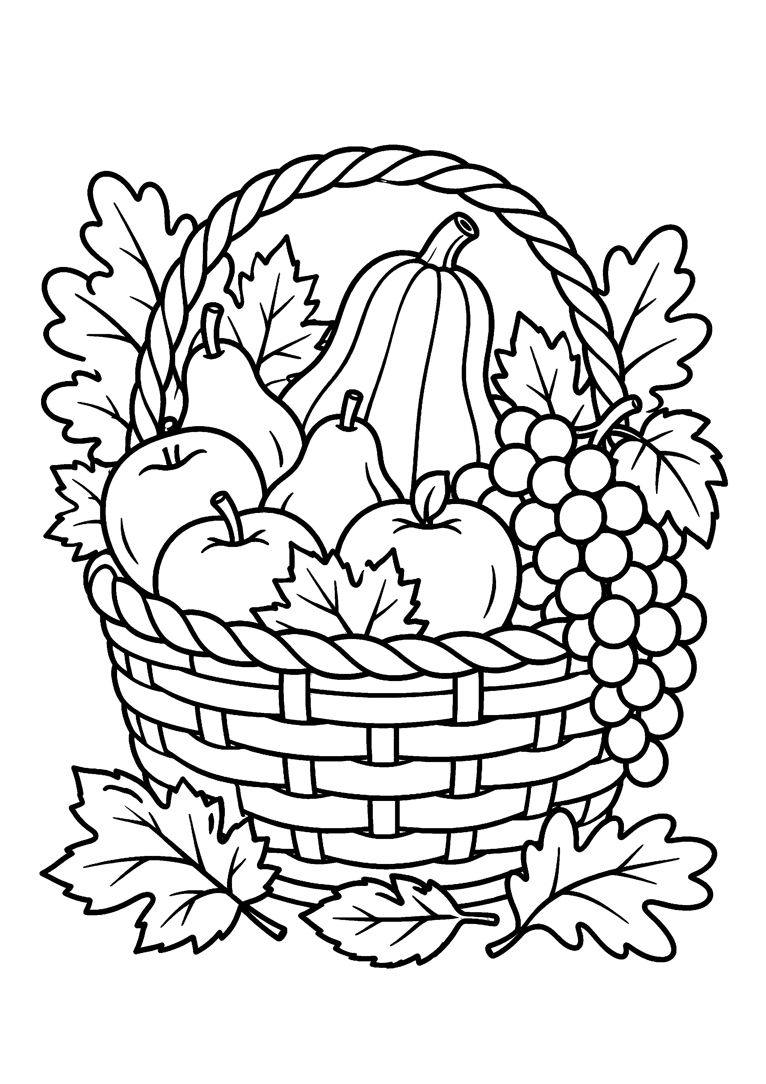 Grand panier rempli de pommes, poires, raisin et courges