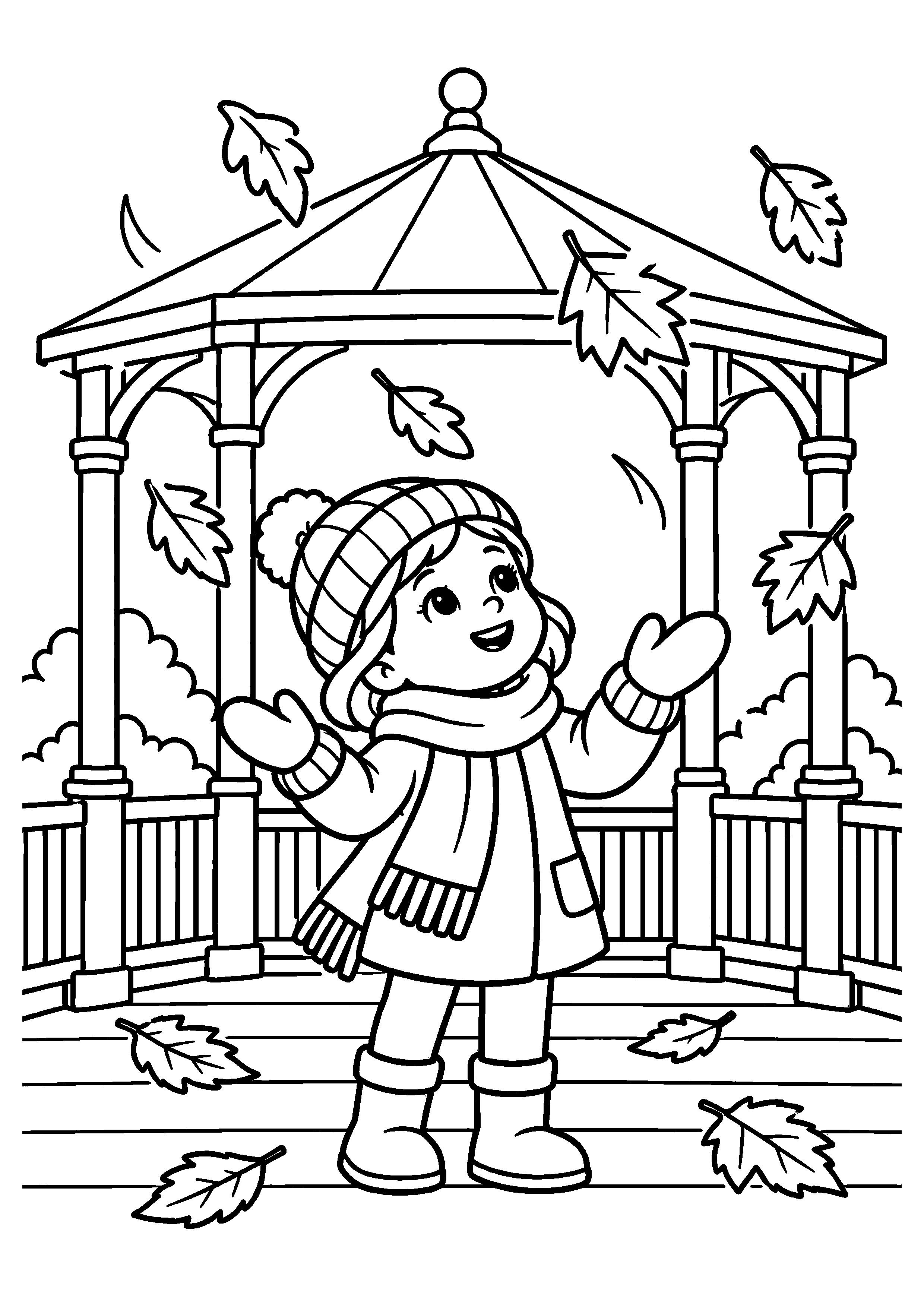 Enfant en écharpe observant les feuilles tomber près d'un kiosque