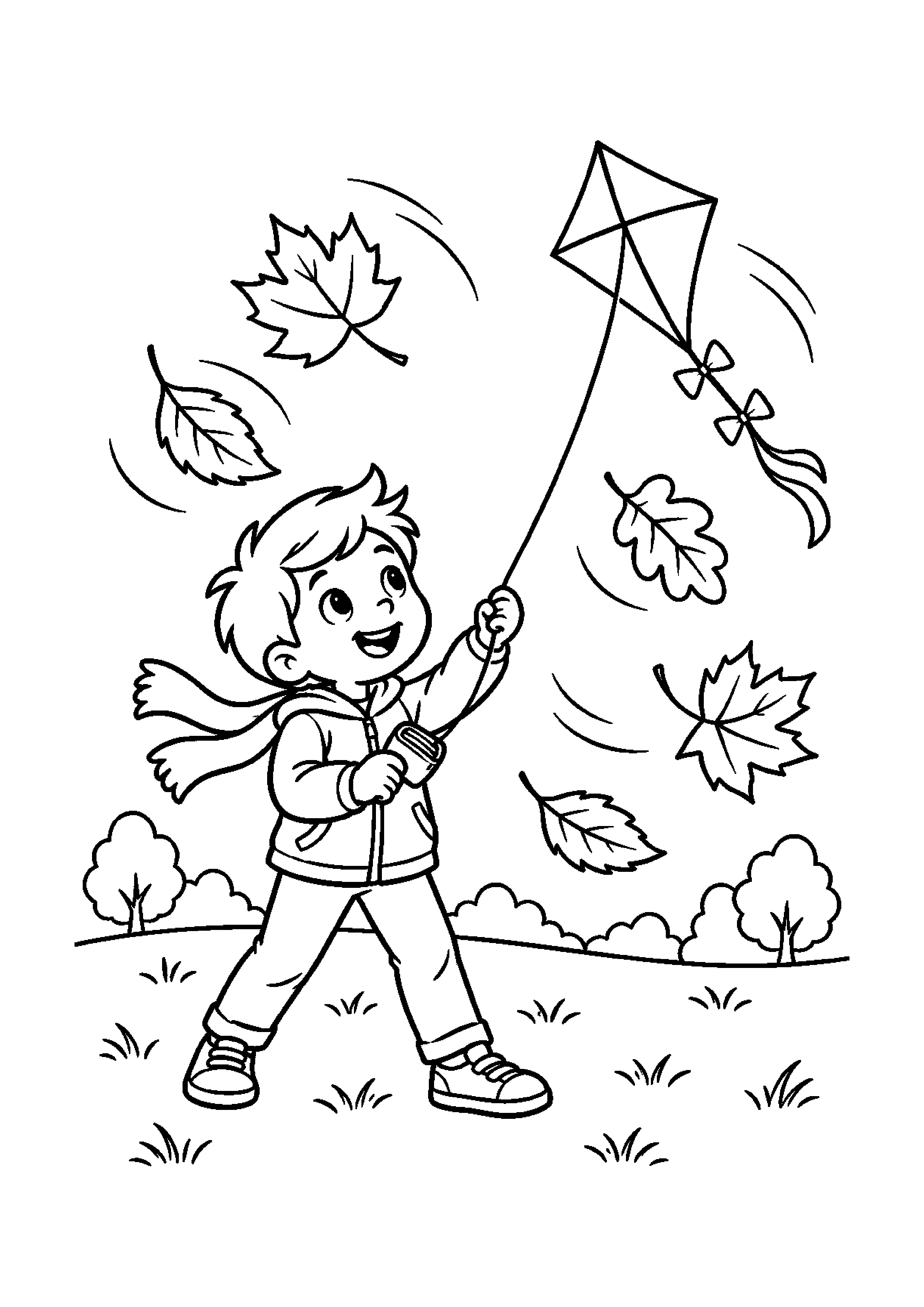 Enfant faisant voler un cerf-volant parmi des feuilles d'automne