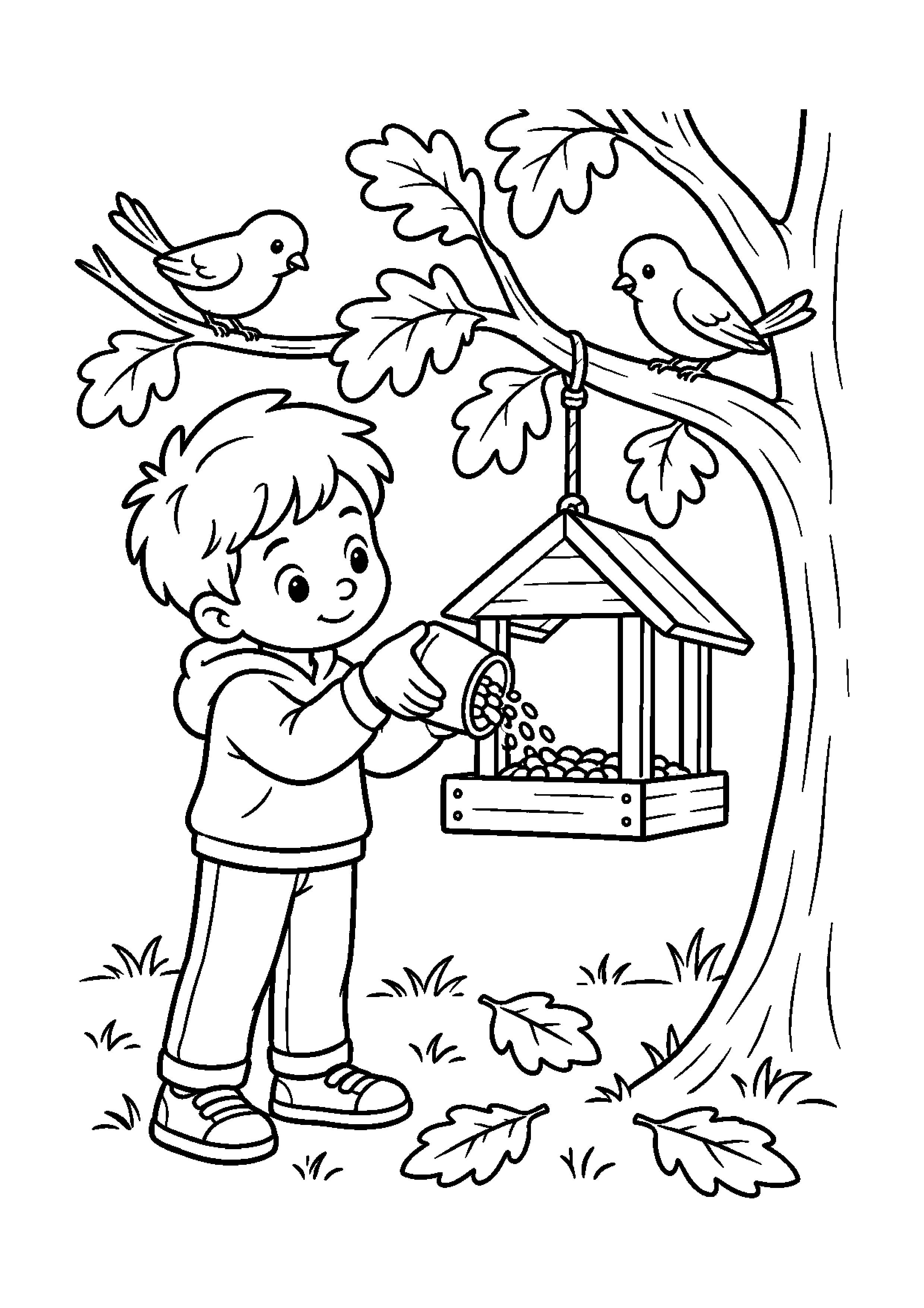 Enfant remplissant une mangeoire sous un arbre avec deux oiseaux