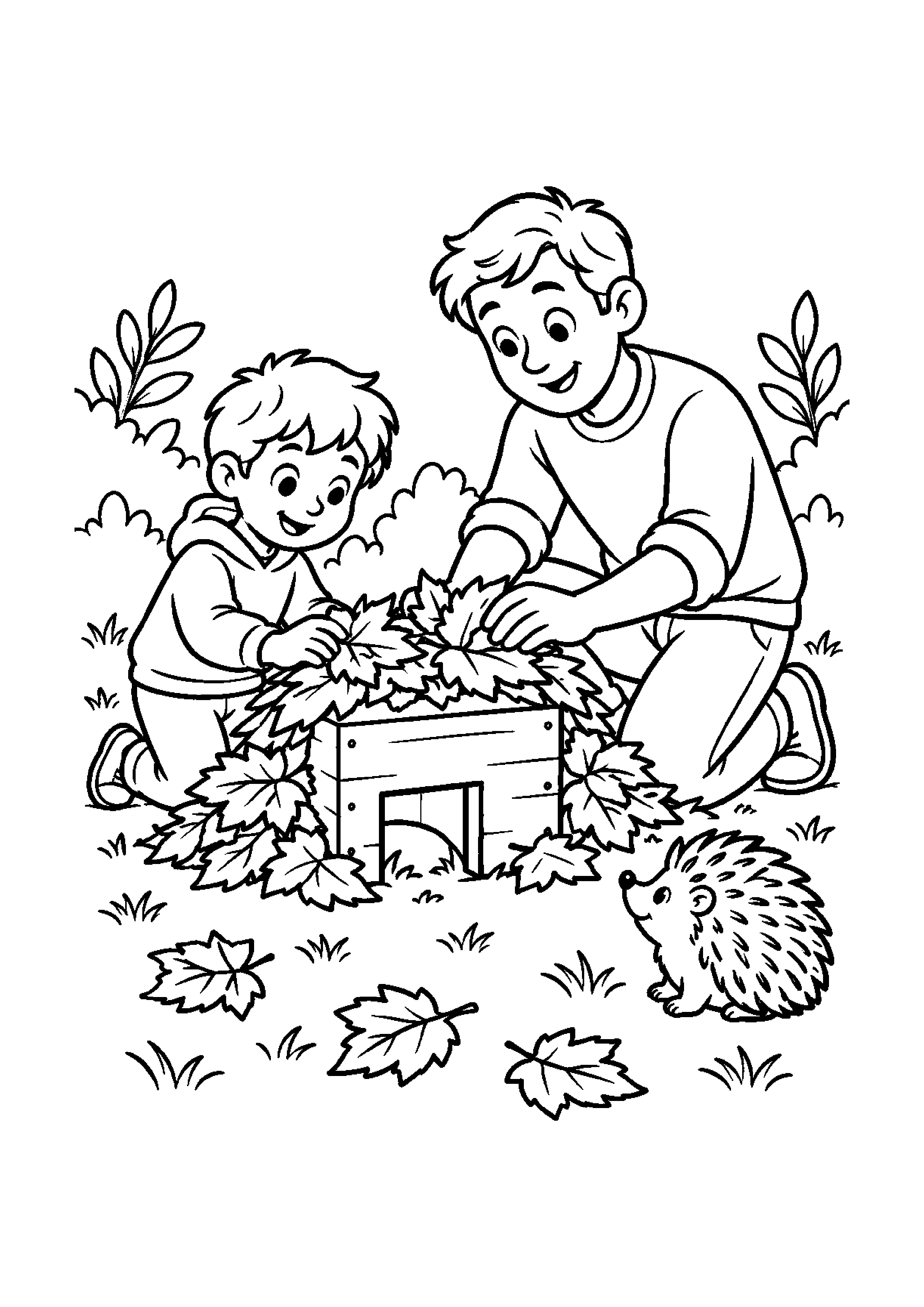 Parent et enfant construisant un petit abri à hérisson avec des feuilles