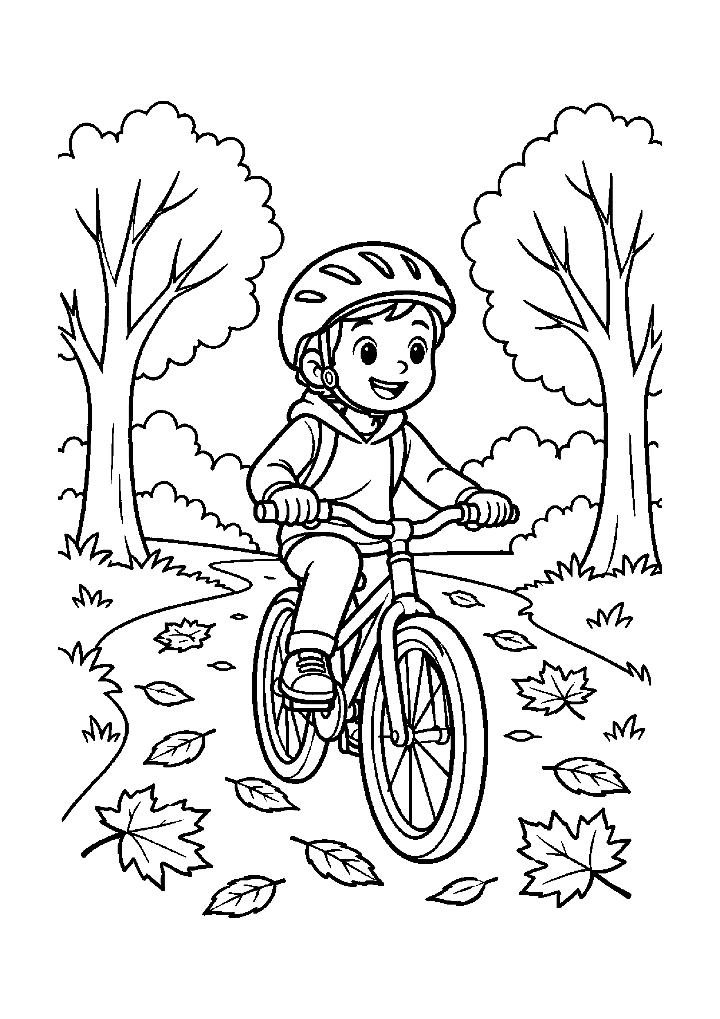 Enfant casqué roulant à vélo sur un chemin bordé d'arbres d'automne
