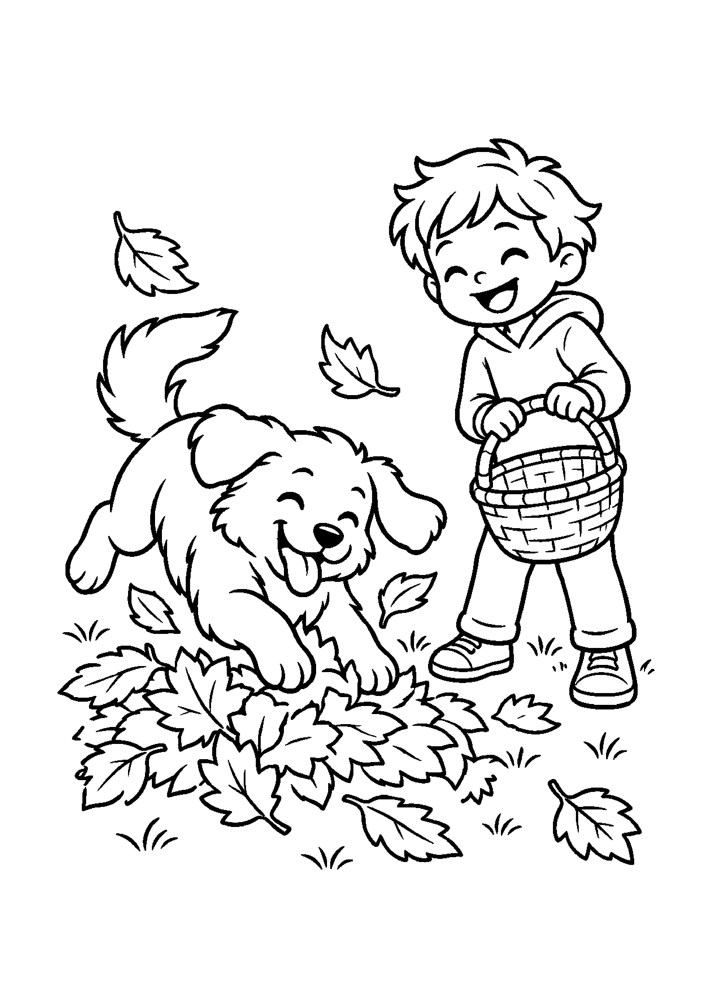 Chien bondissant dans les feuilles près d'un enfant avec un panier