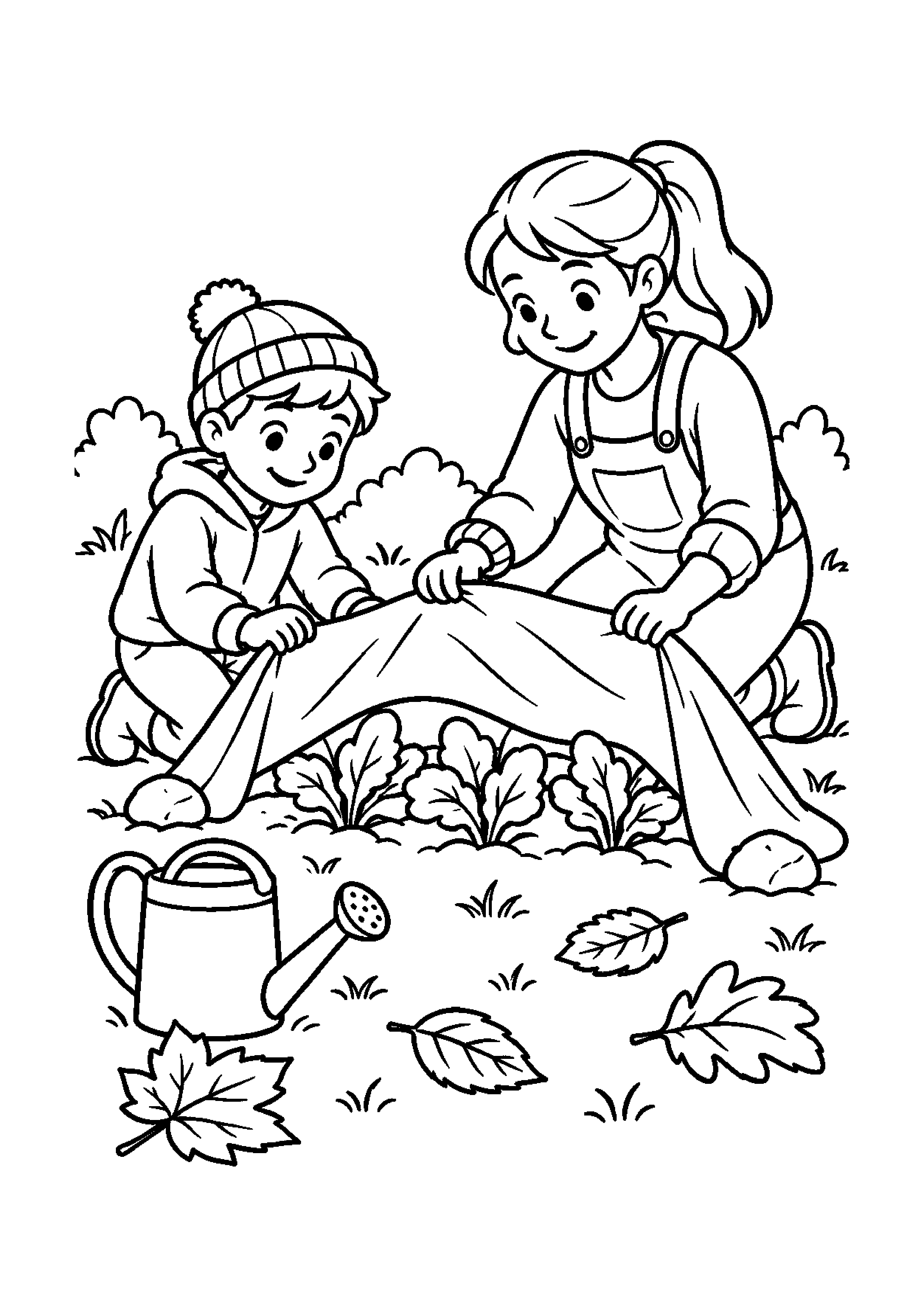 Adulte et enfant protégeant les plantes du jardin avec un voile