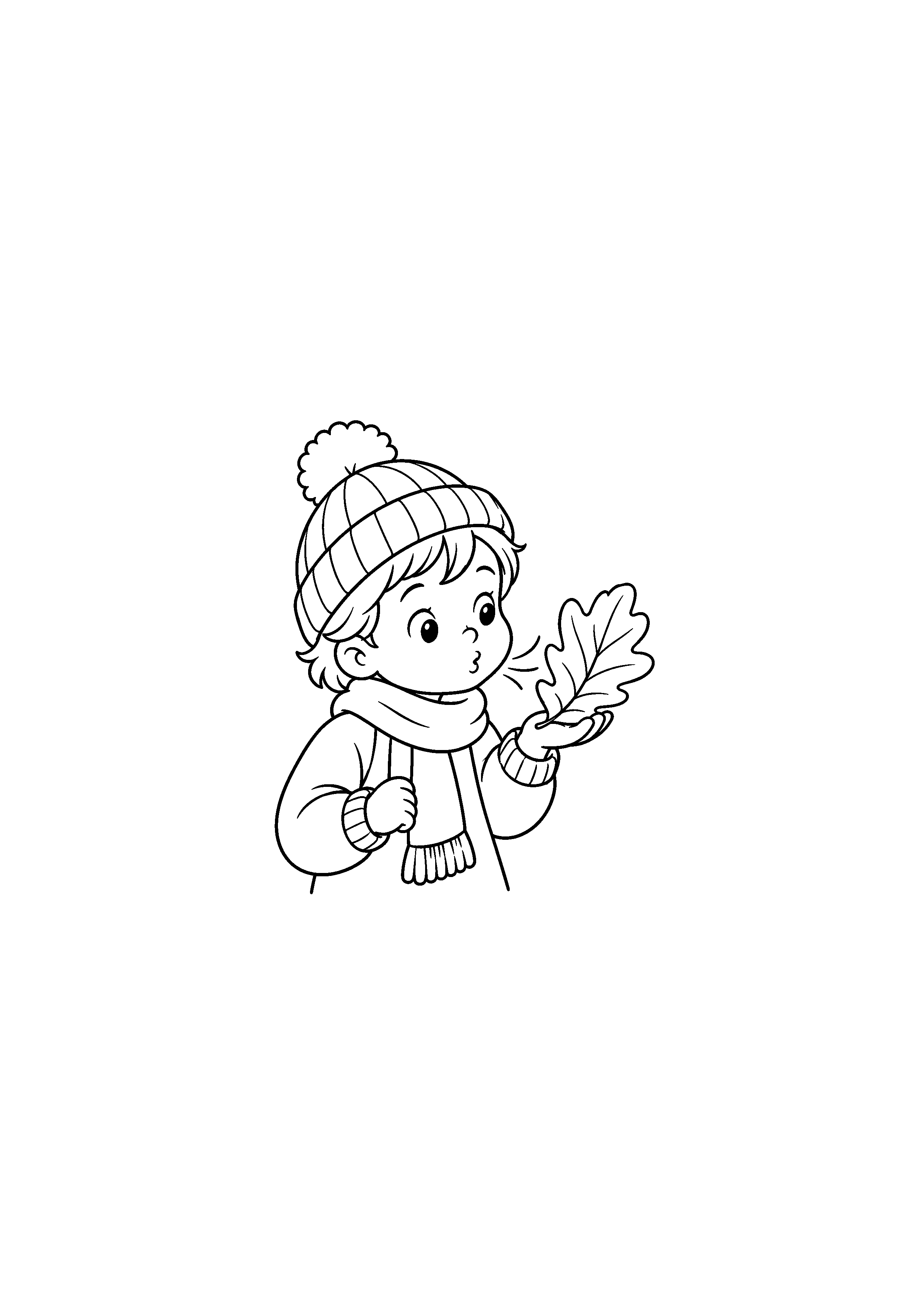 Coloriage noir et blanc de enfant soufflant sur une feuille