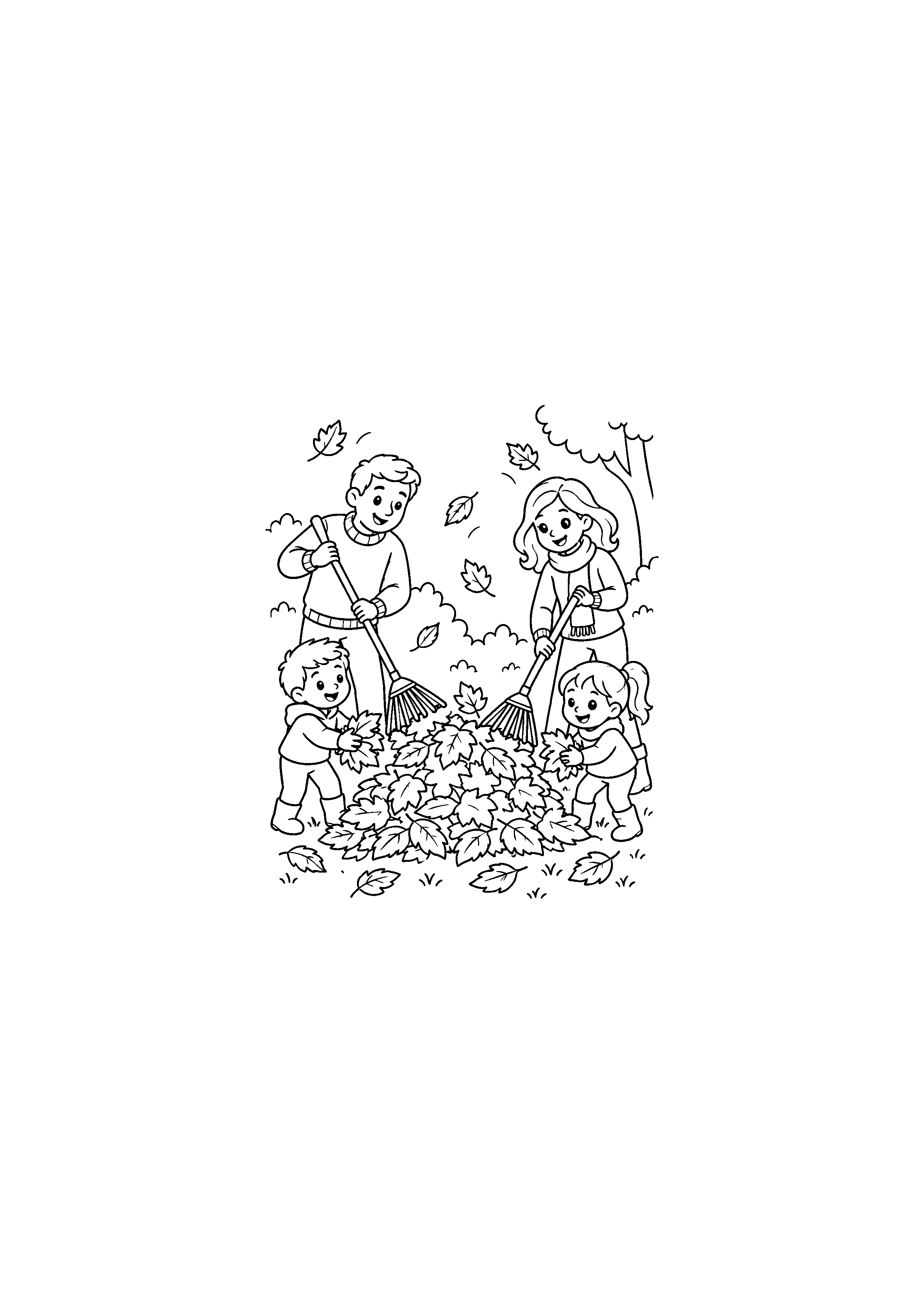Coloriage noir et blanc de famille préparant un tas de feuilles