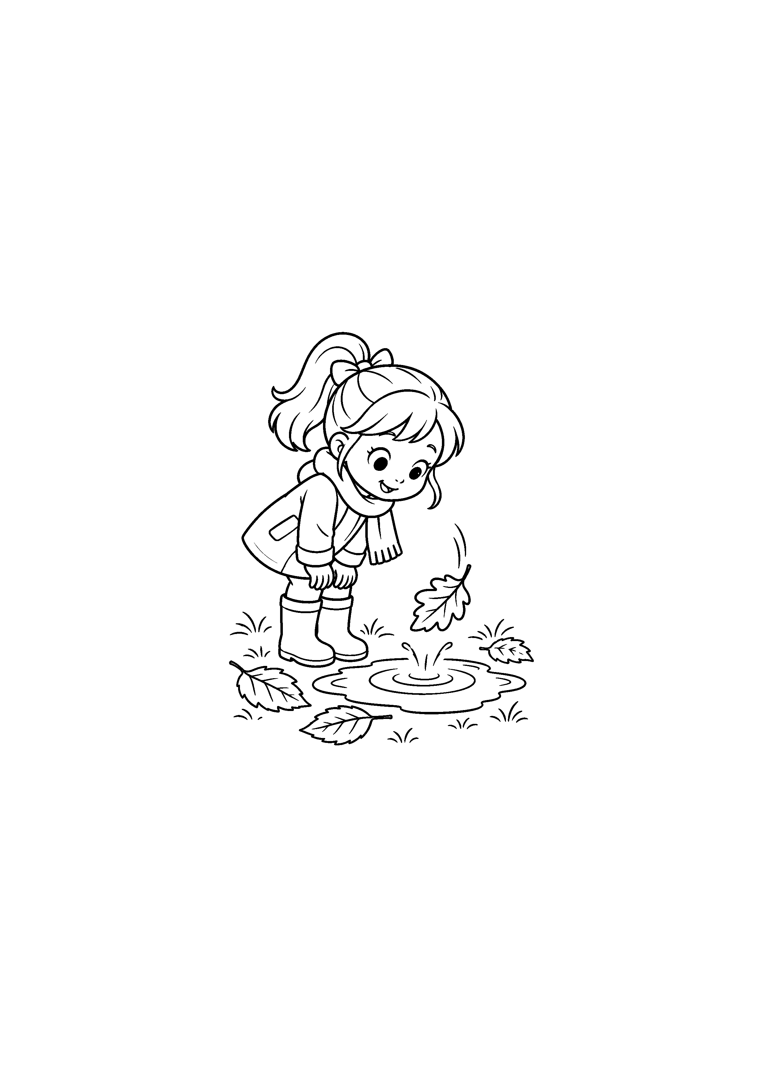Coloriage noir et blanc de feuille tombant dans une flaque