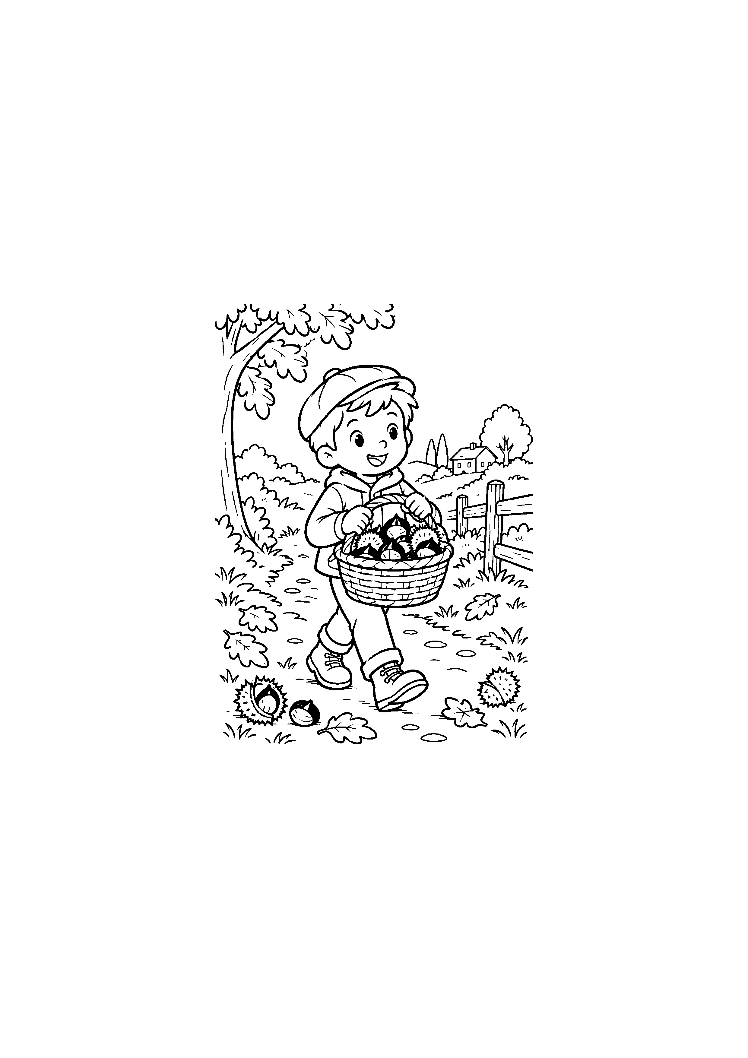 Coloriage noir et blanc de enfant au panier de châtaignes