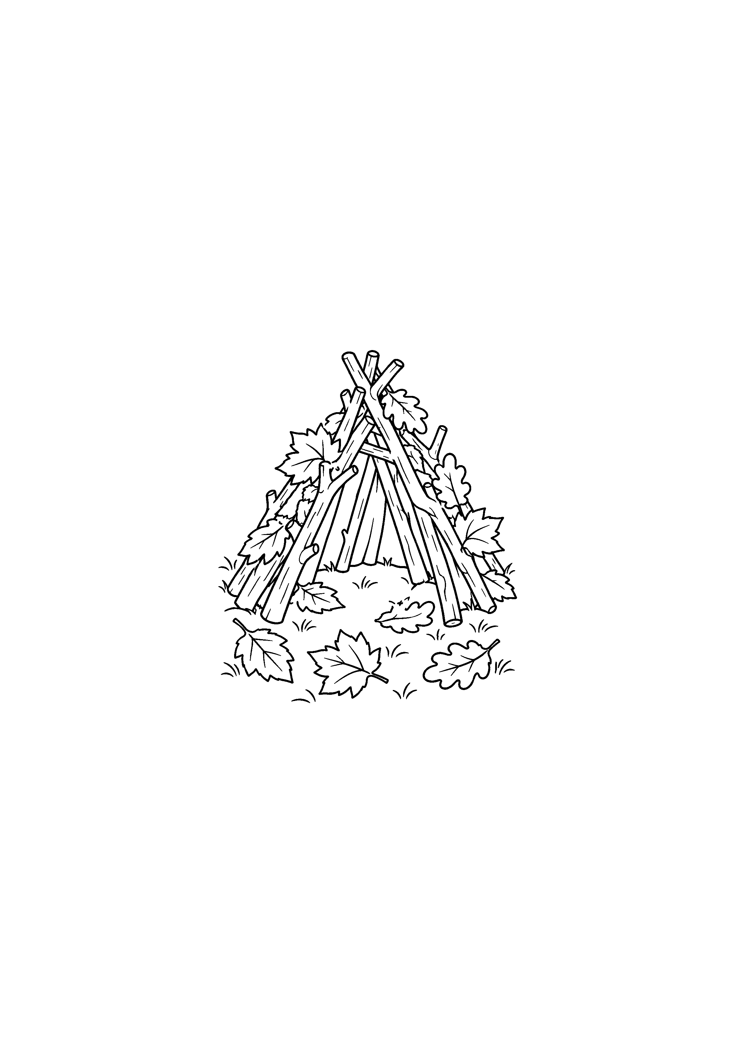 Coloriage noir et blanc de cabane de branches dans les feuilles