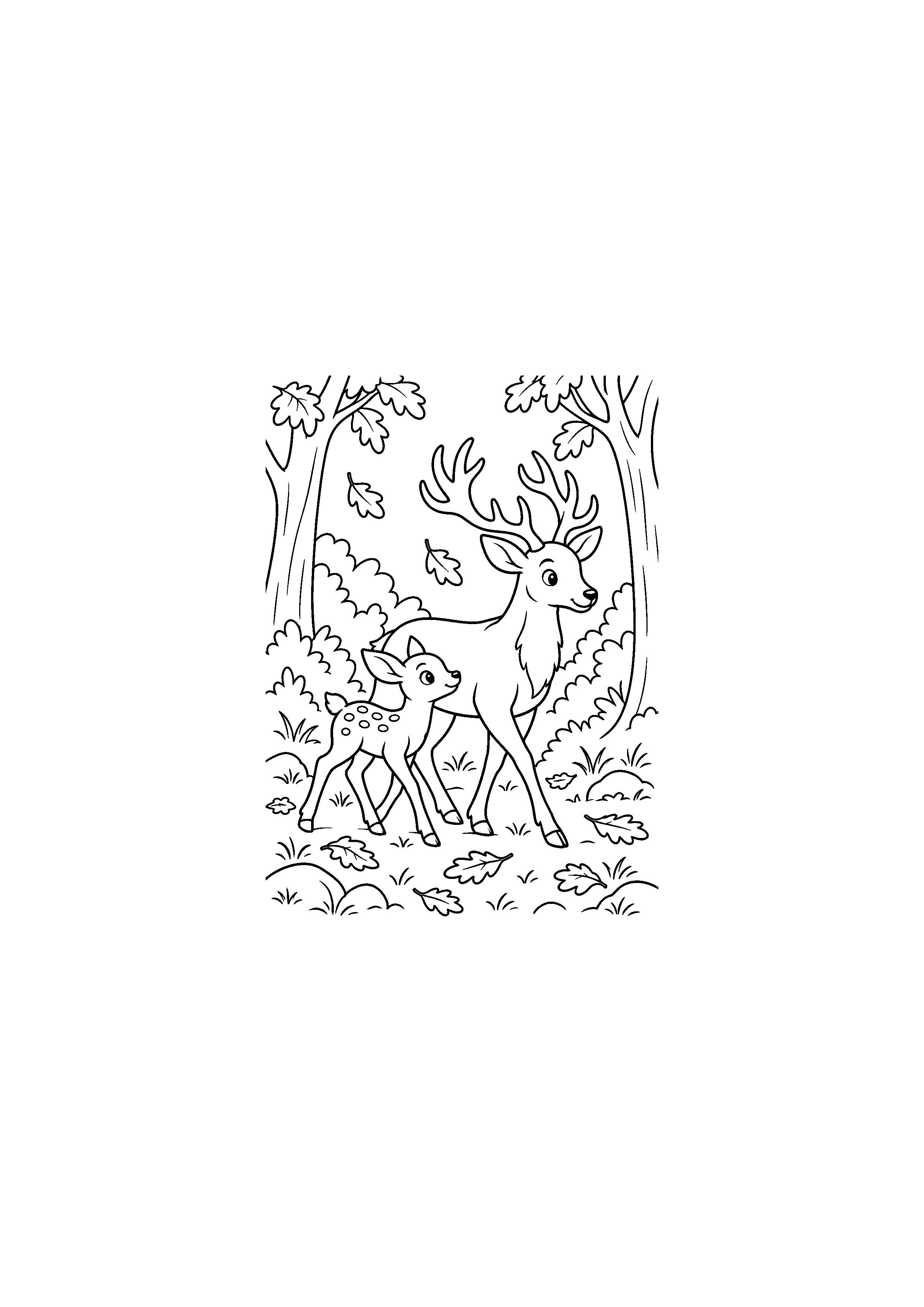 Coloriage noir et blanc de cerf et faon dans le sous-bois