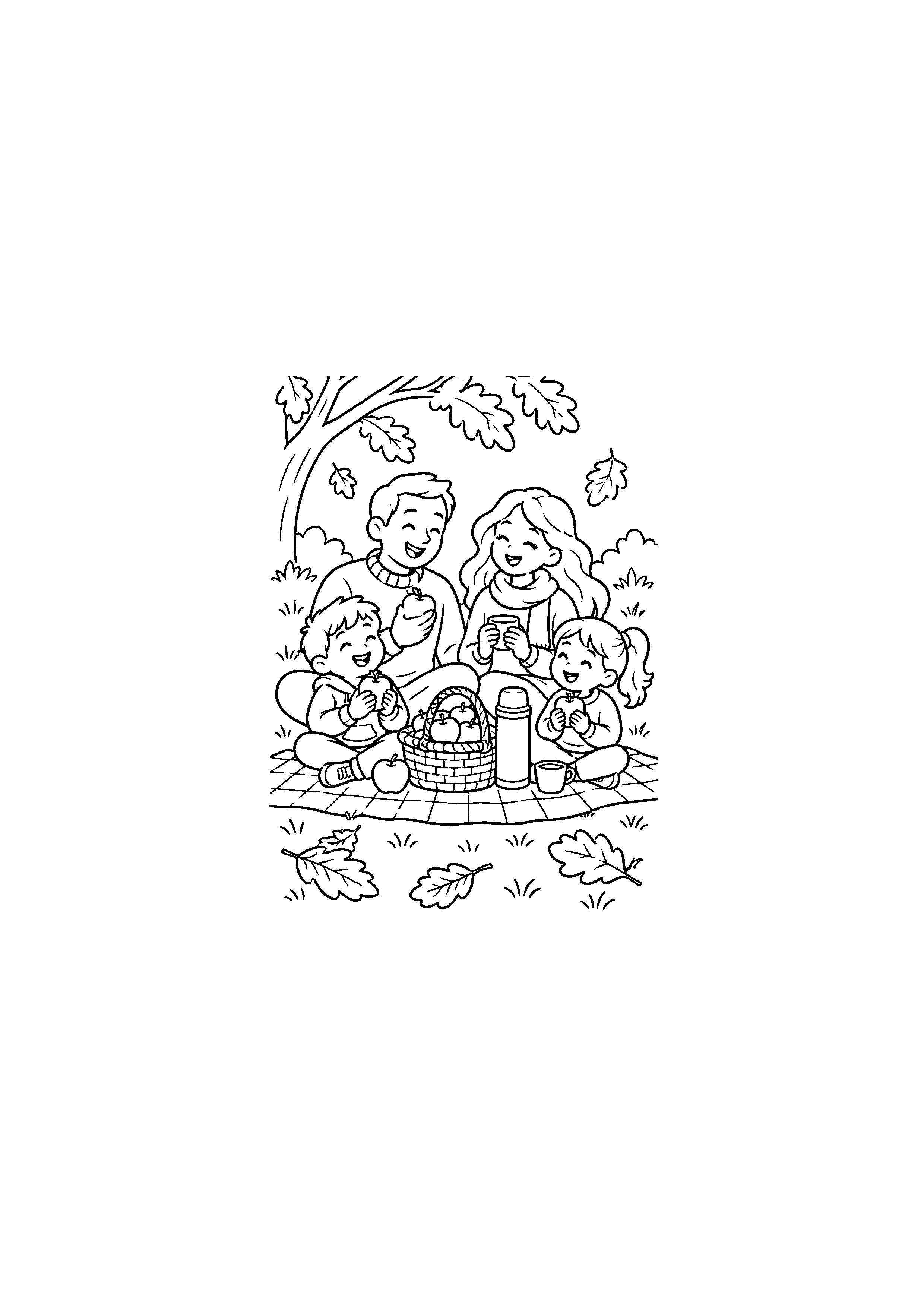 Coloriage noir et blanc de pique-nique familial d'automne