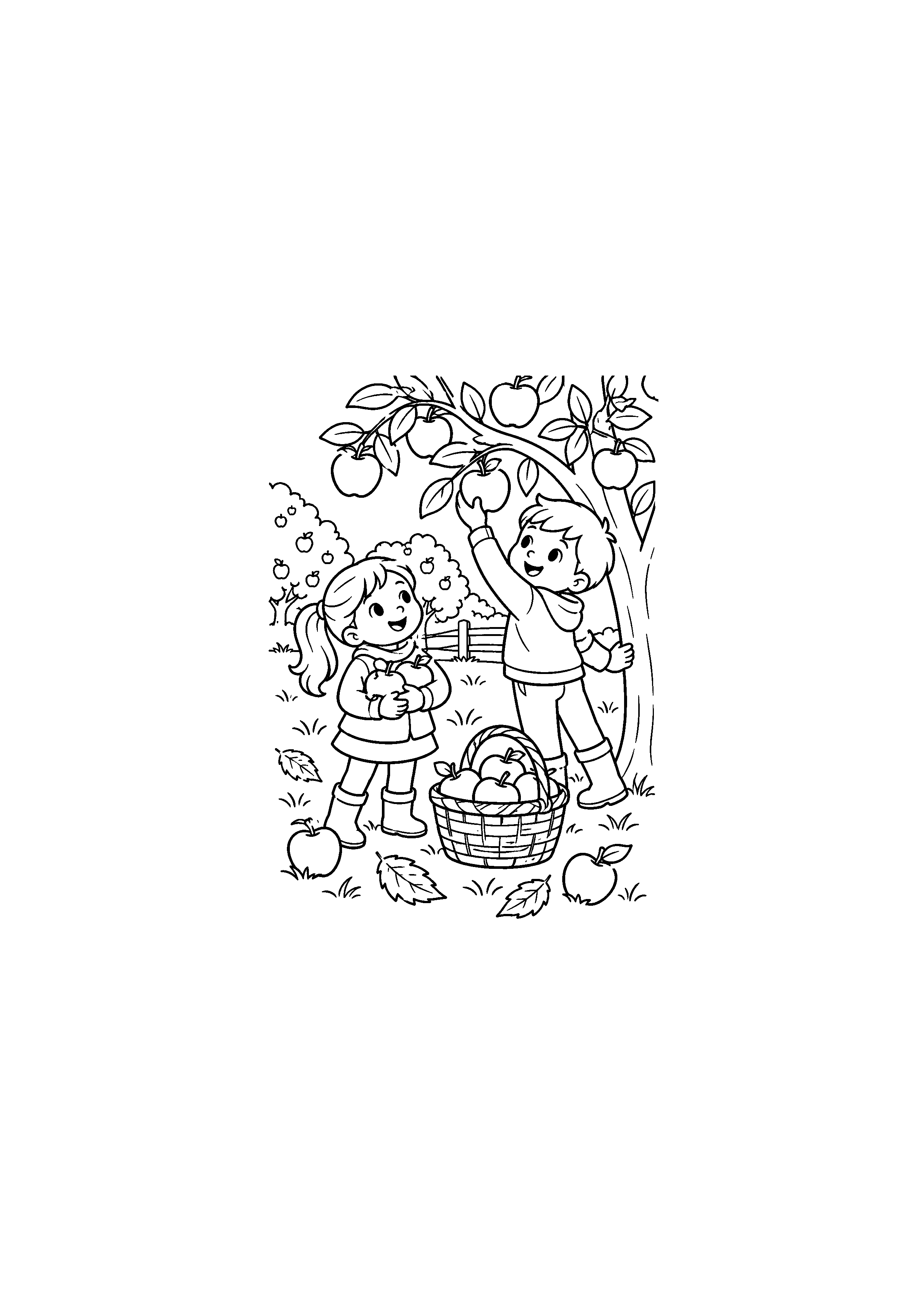 Coloriage noir et blanc de cueillette de pommes en famille