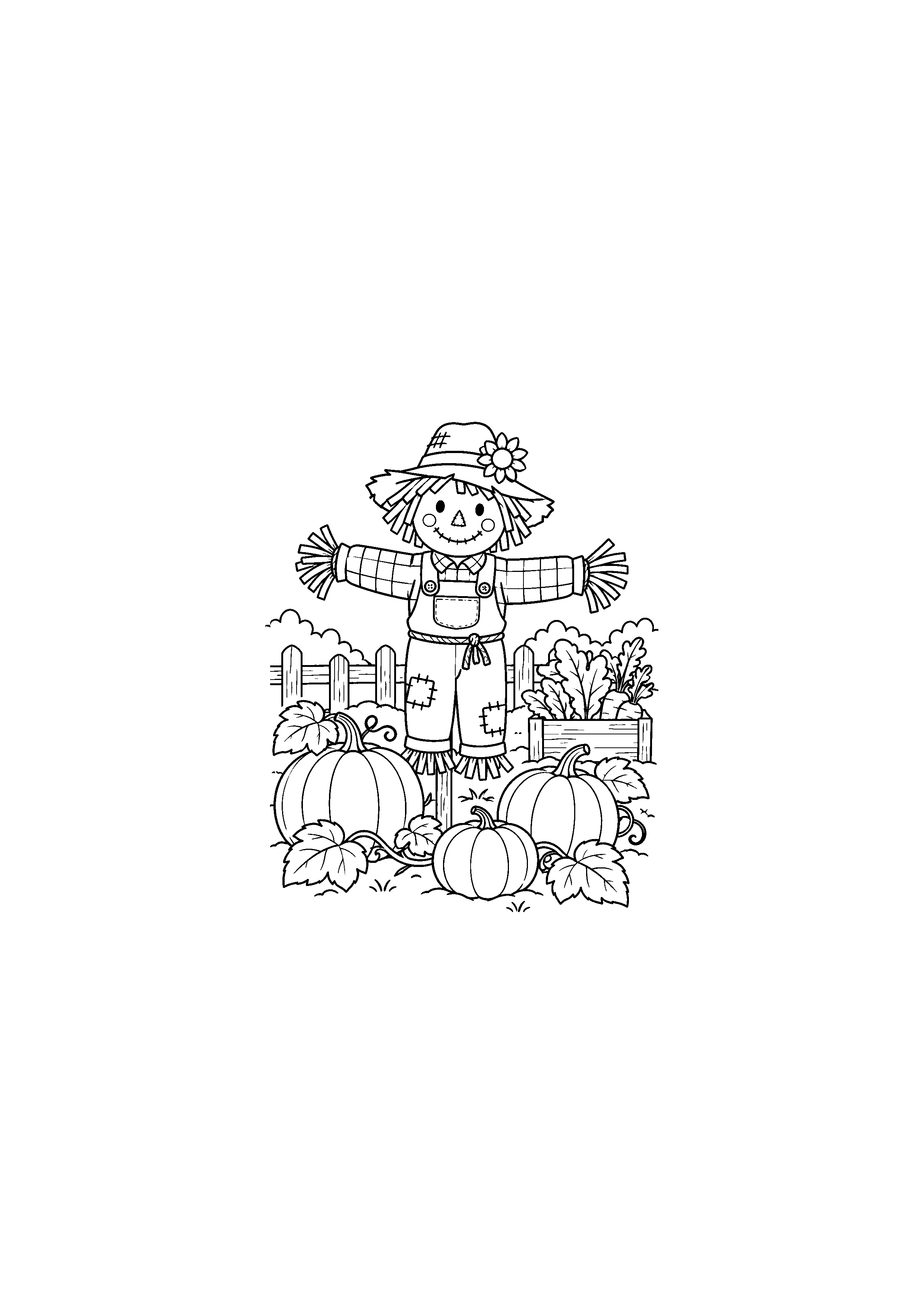 Coloriage noir et blanc de épouvantail dans le potager