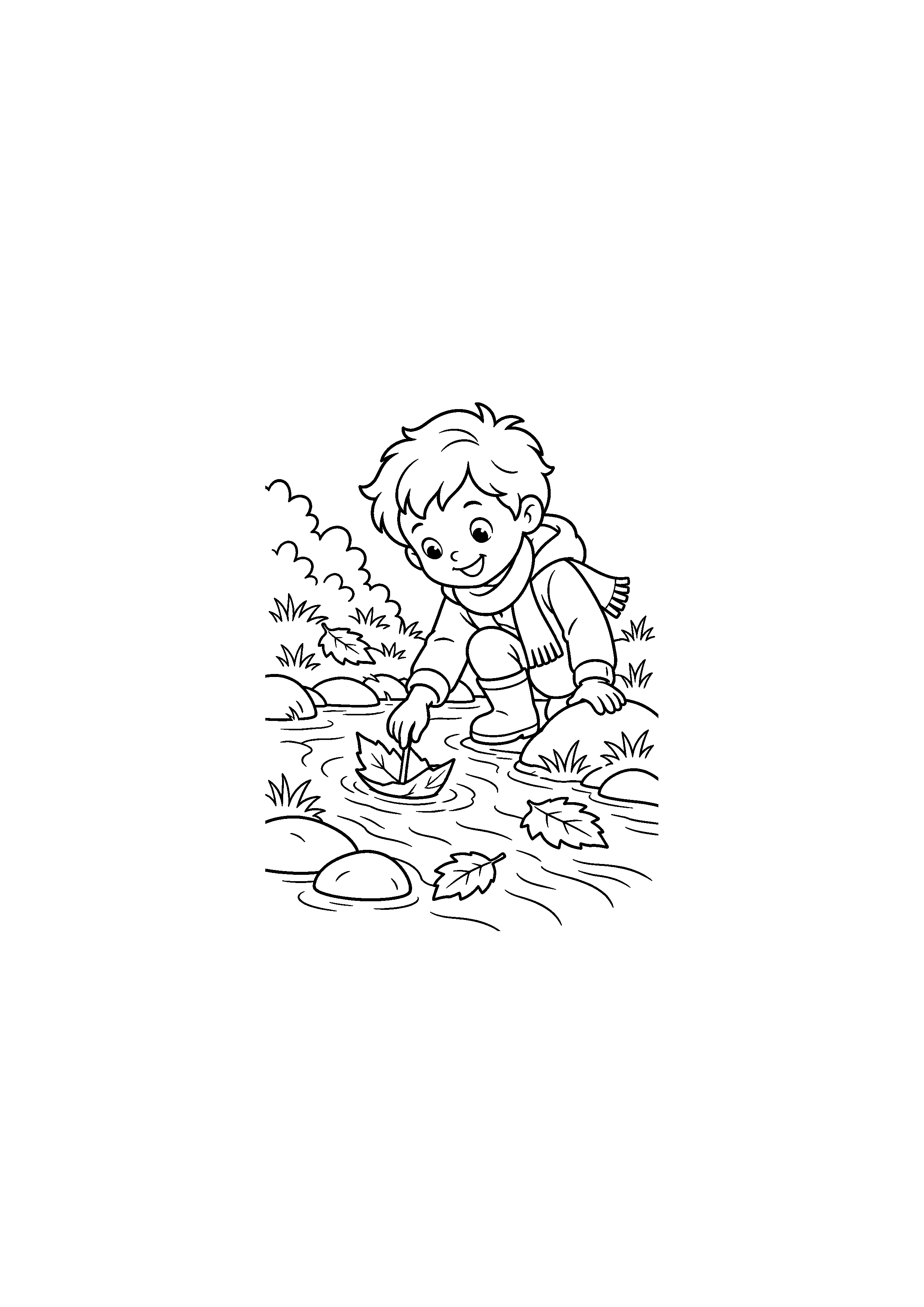 Coloriage noir et blanc de bateau en feuille sur un ruisseau