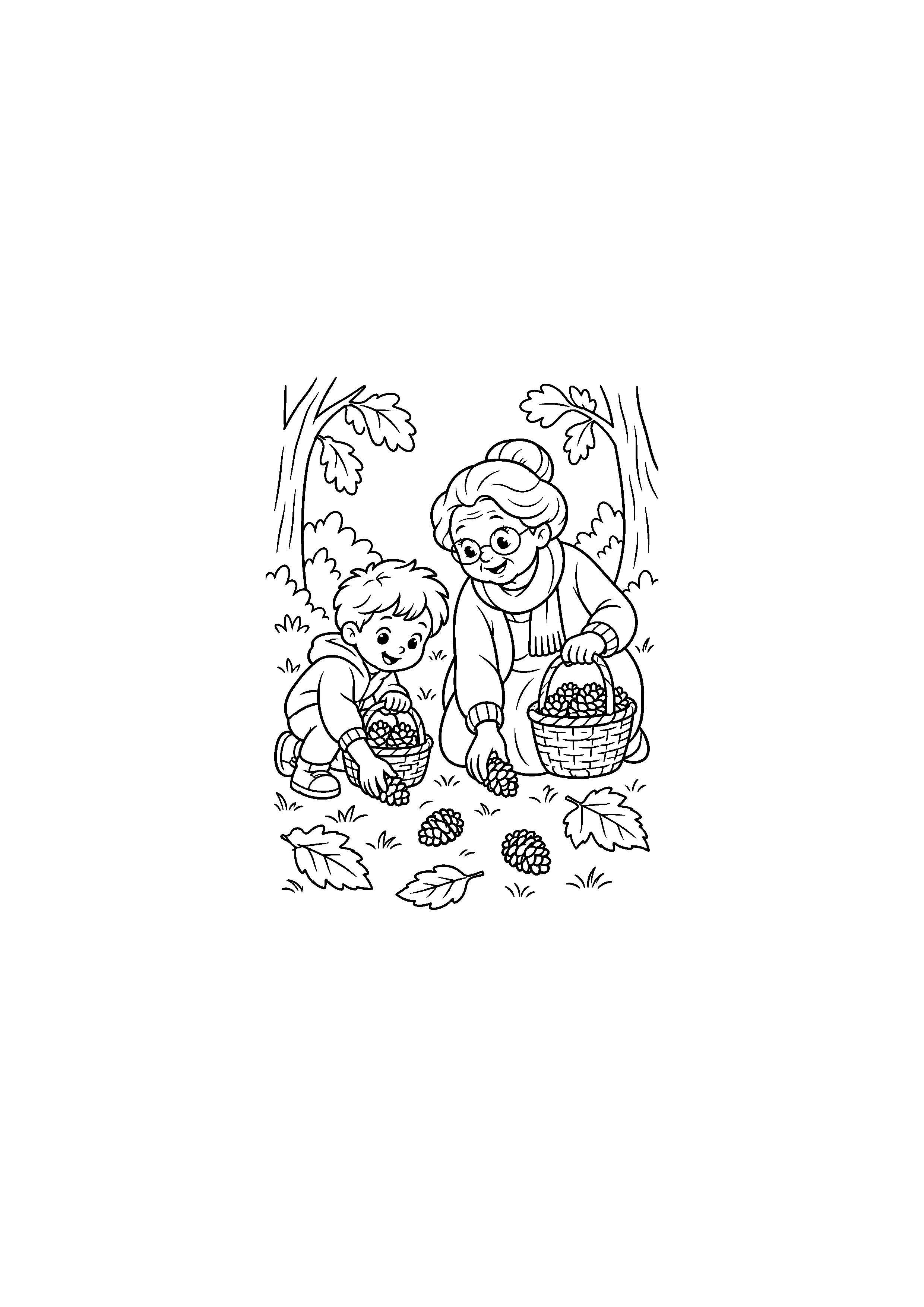 Coloriage noir et blanc de récolte familiale de pommes de pin