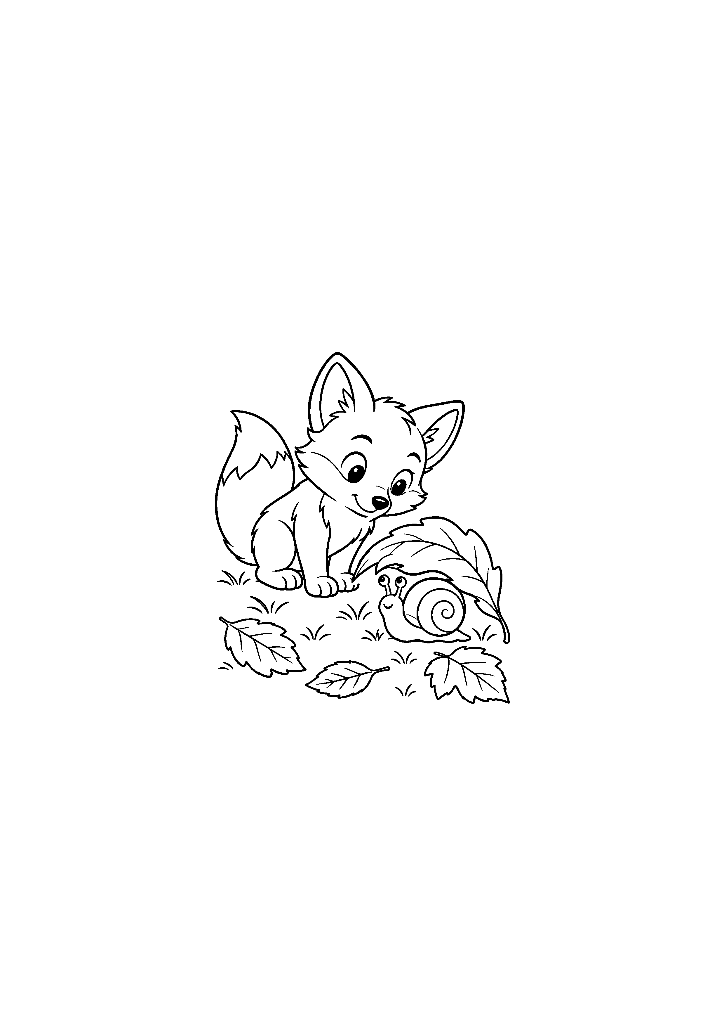 Coloriage noir et blanc de renardeau observant un escargot