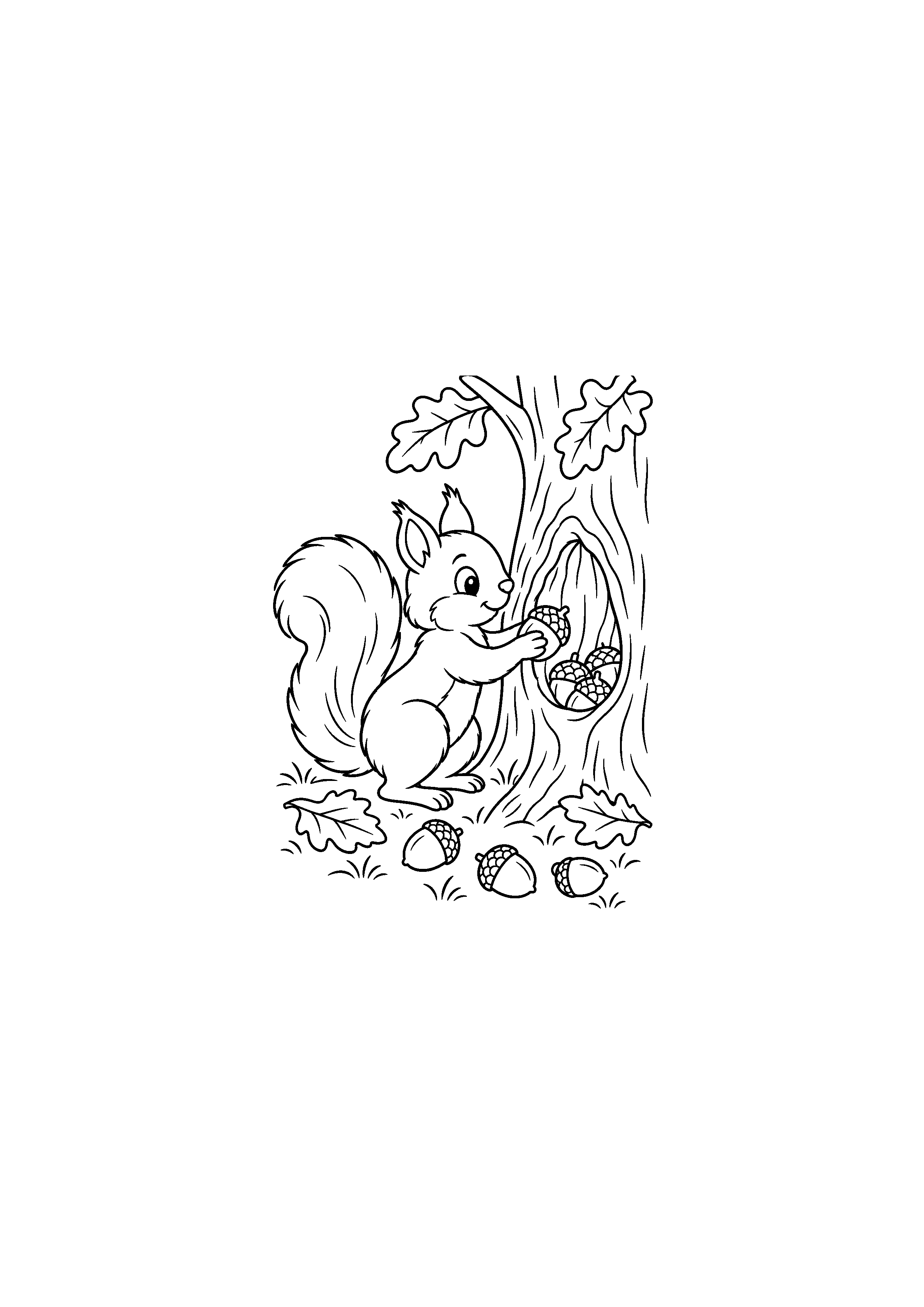 Coloriage noir et blanc de écureuil rangeant ses noisettes