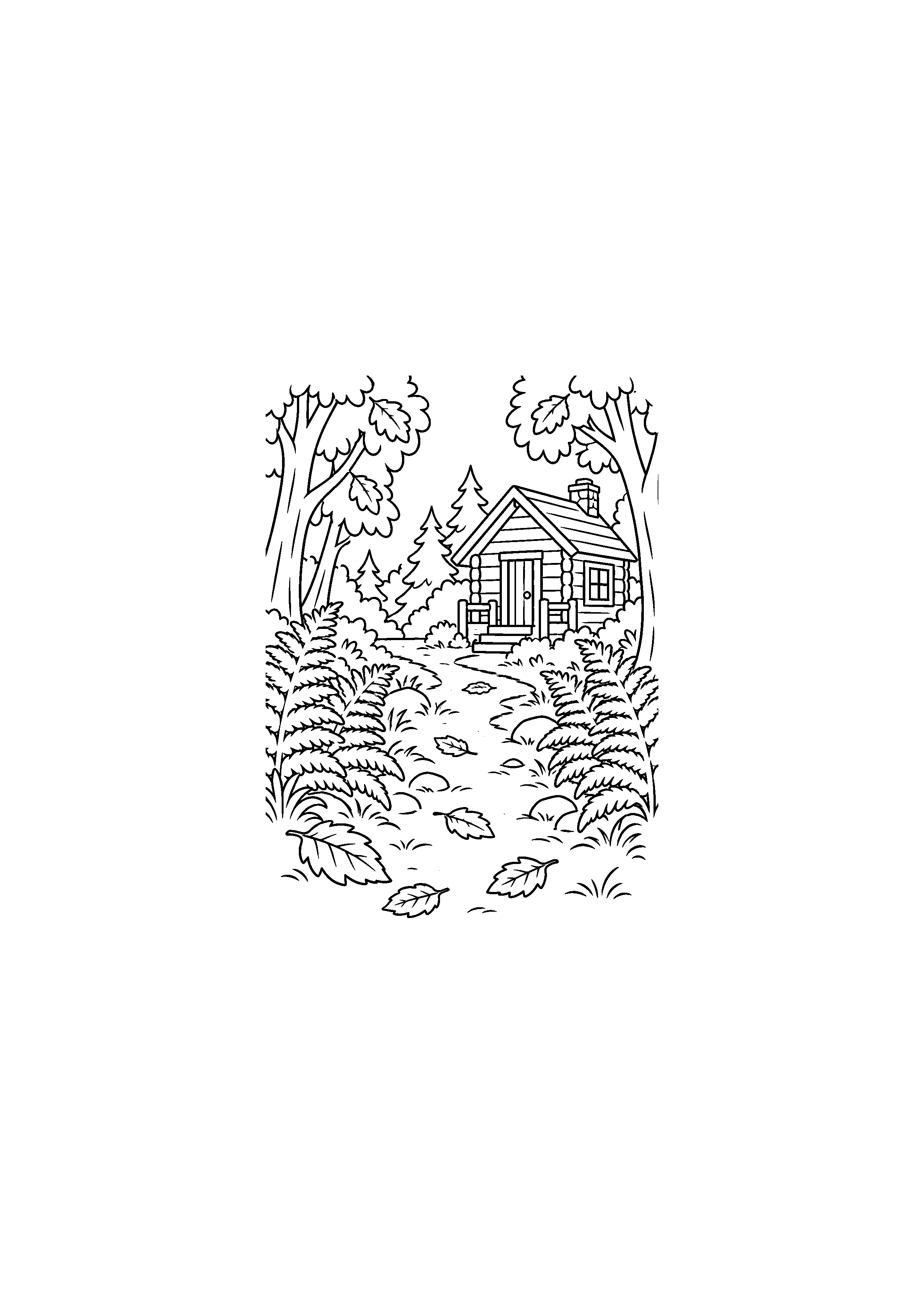 Coloriage noir et blanc de chemin vers une cabane forestière
