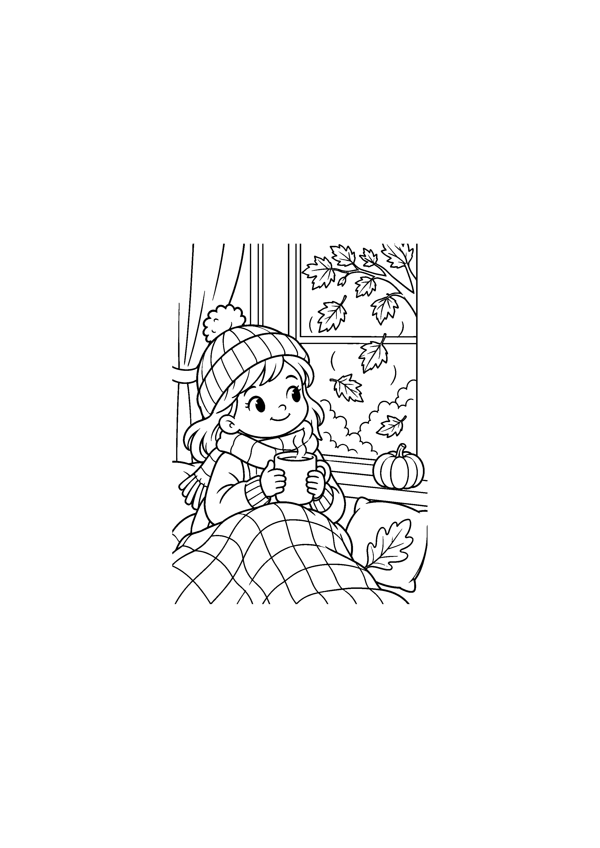 Coloriage noir et blanc de enfant au chaud devant les feuilles