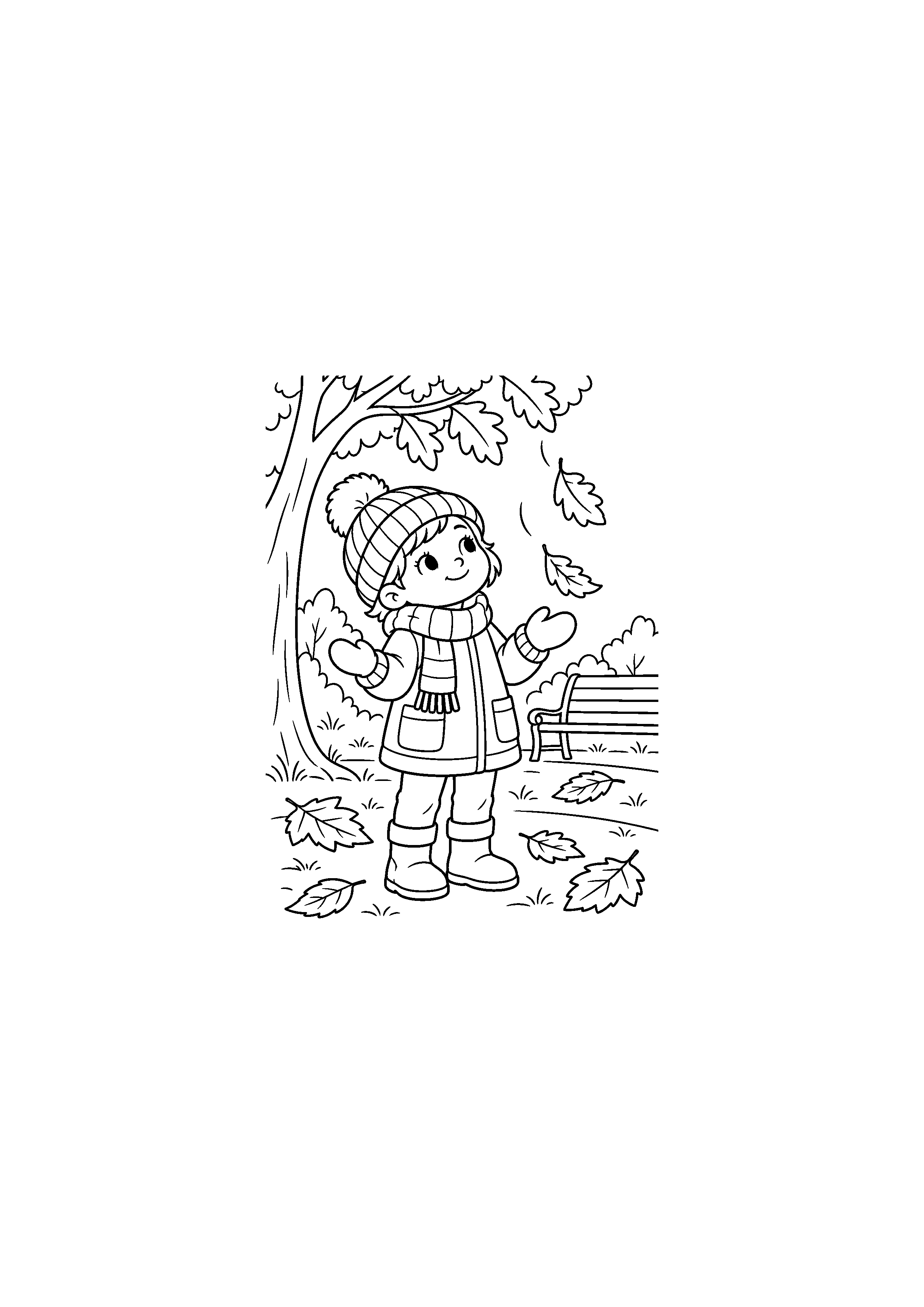 Coloriage noir et blanc d'un enfant en manteau observant les feuilles tomber dans un parc